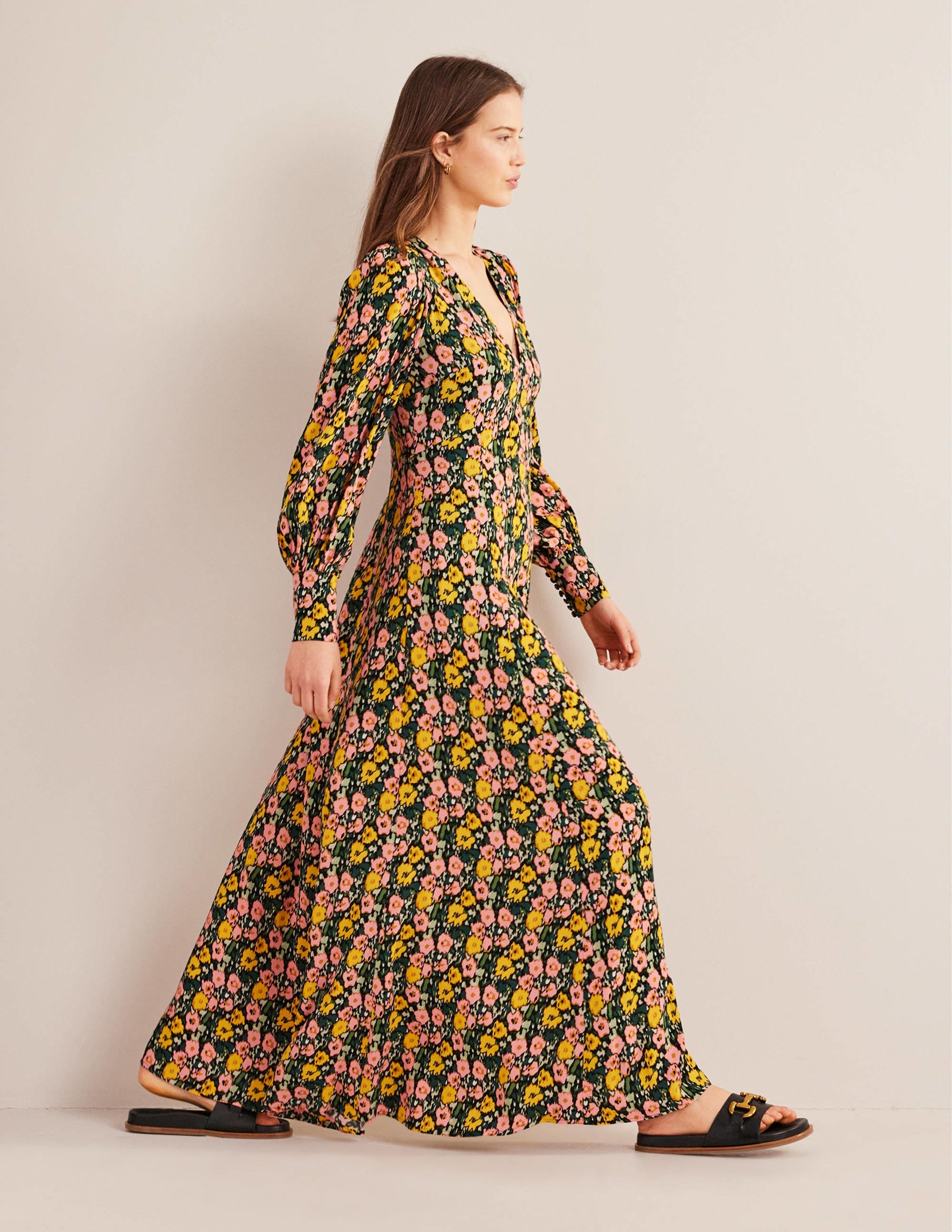 Maxikleid in Empire-Form mit V-Ausschnitt-Dunkles Smaragdgrün, Abstraktes Mohnblumenmuster - Image 5