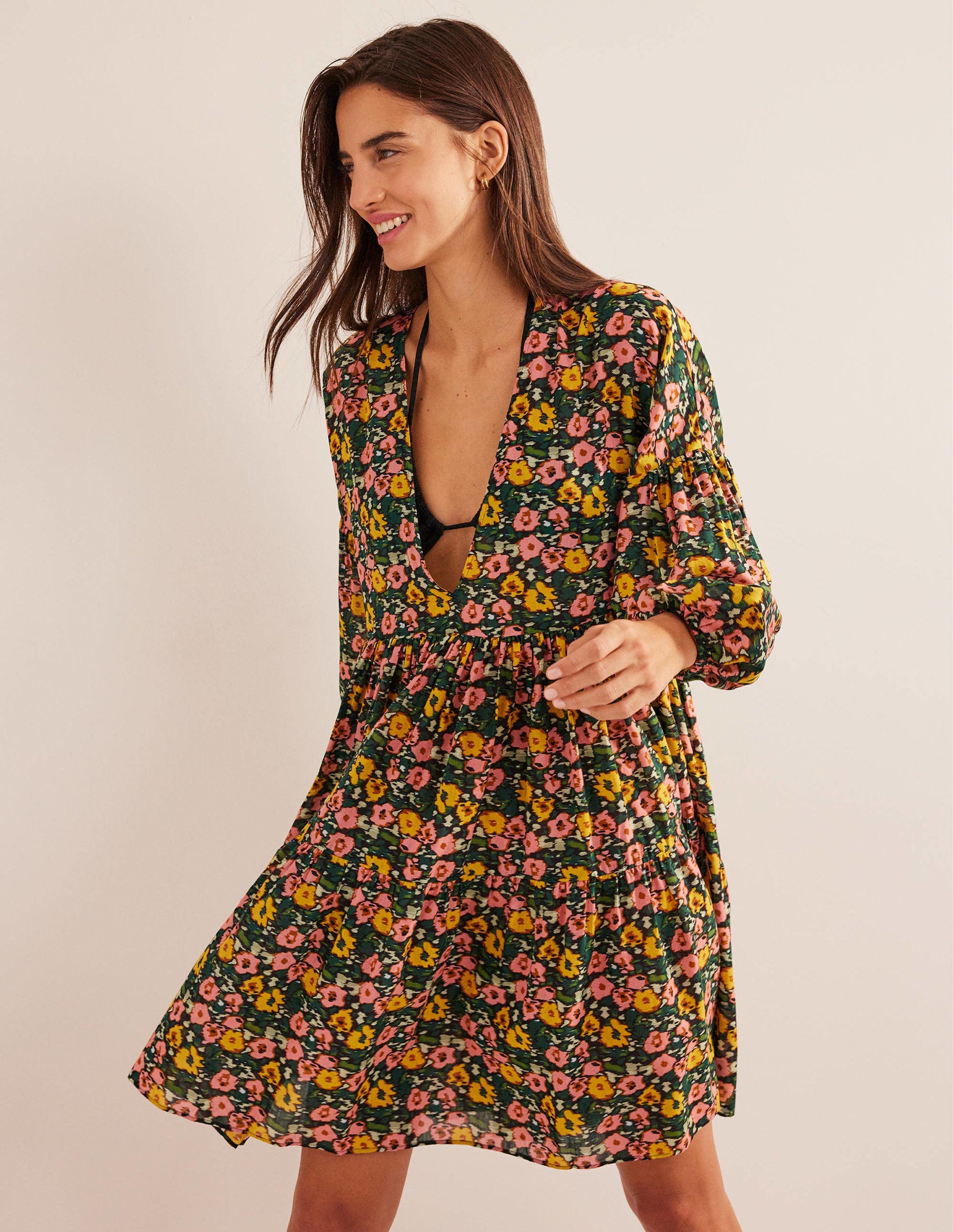 Relaxed Tiered Beach Dress-Emerald Night, Abstract Poppy-1