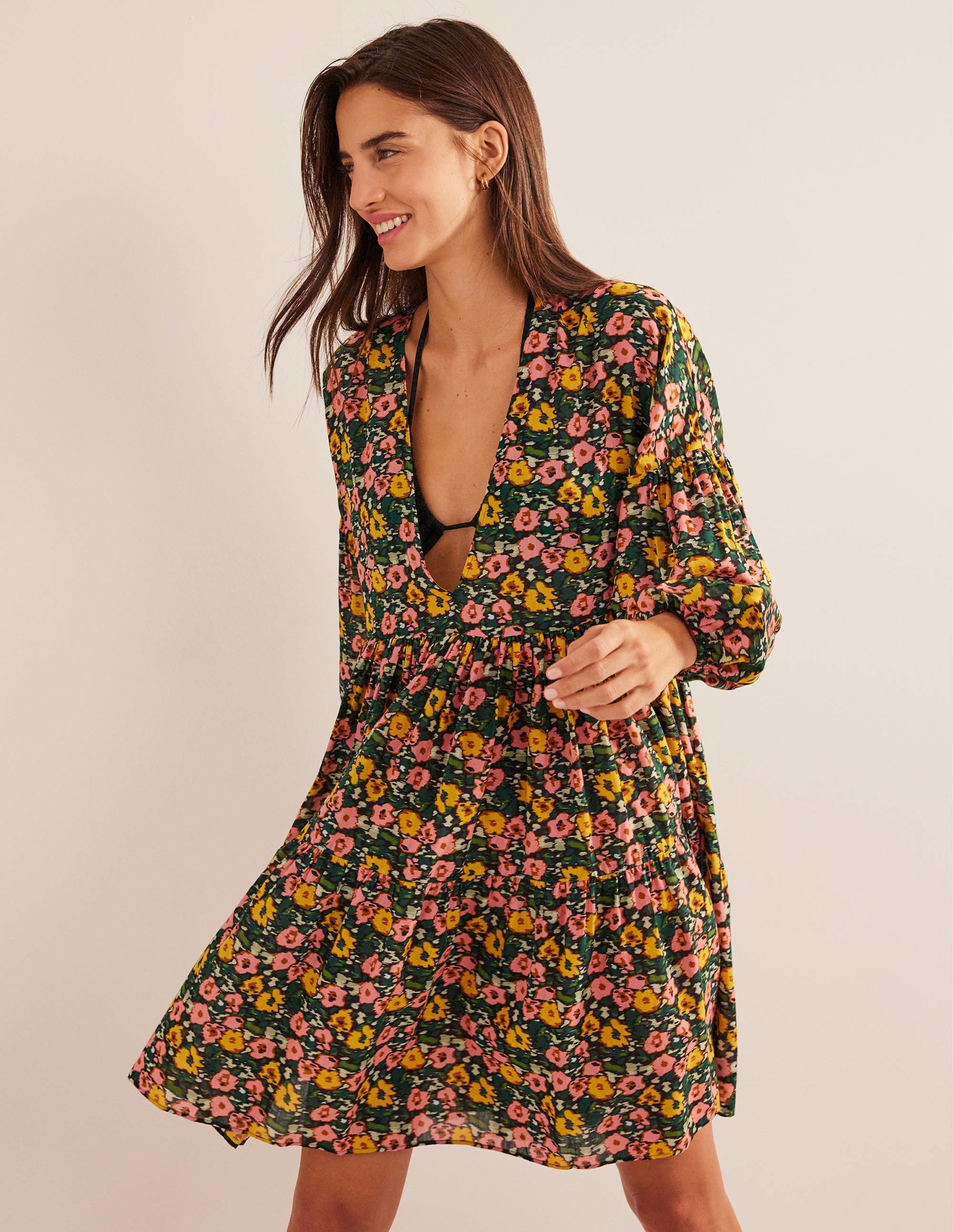 Relaxed Tiered Beach Dress-Emerald Night, Abstract Poppy - Image 1