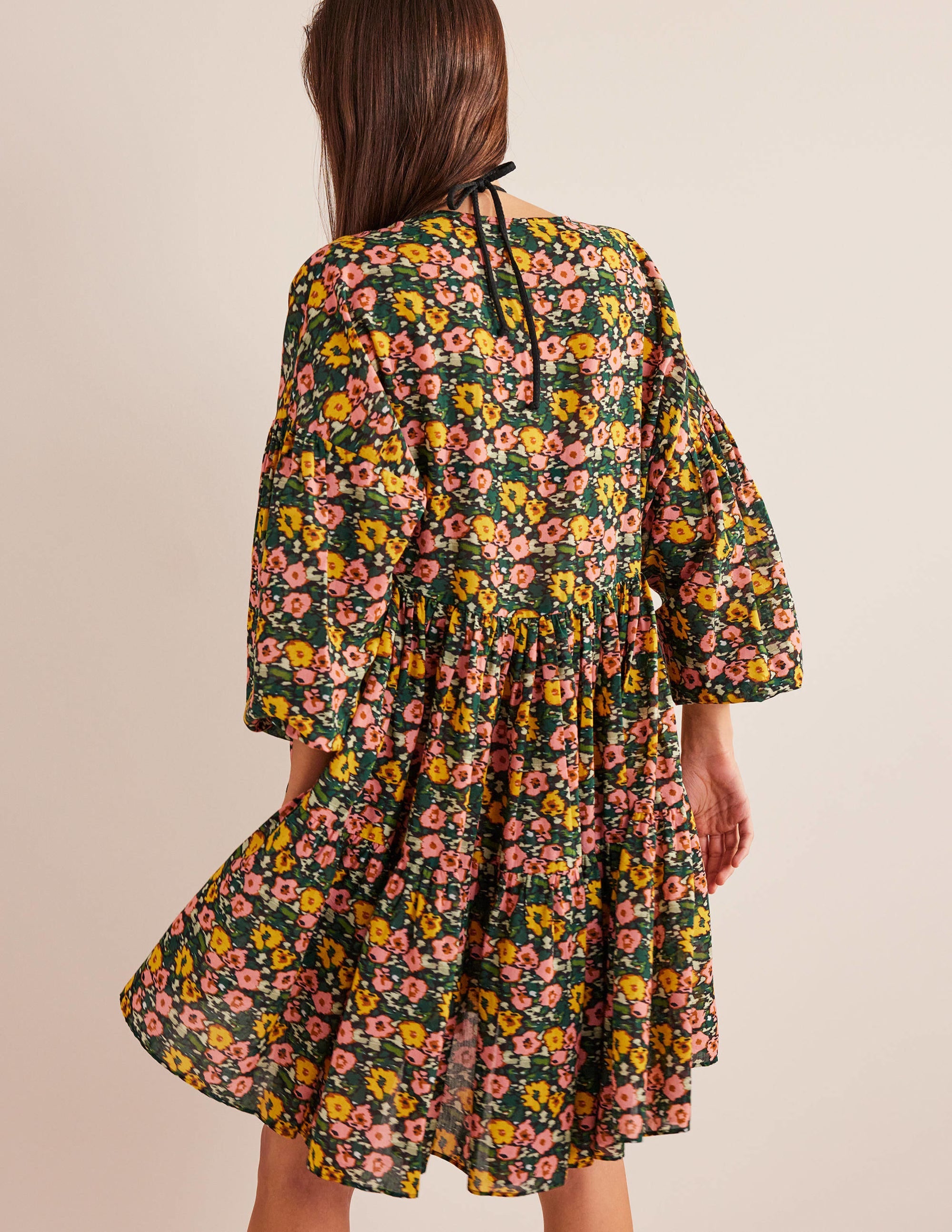Relaxed Tiered Beach Dress-Emerald Night, Abstract Poppy - Image 3