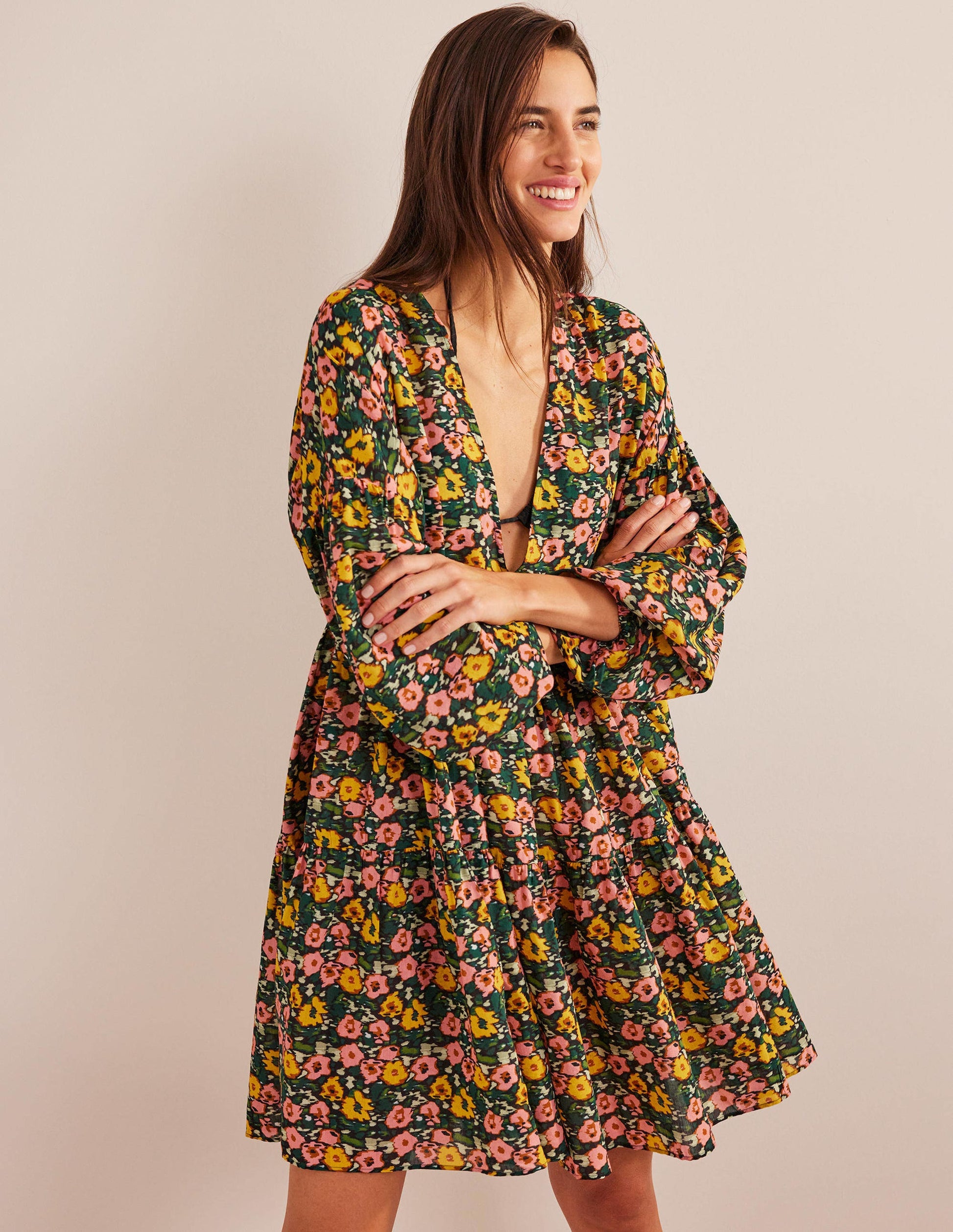 Relaxed Tiered Beach Dress-Emerald Night, Abstract Poppy-4