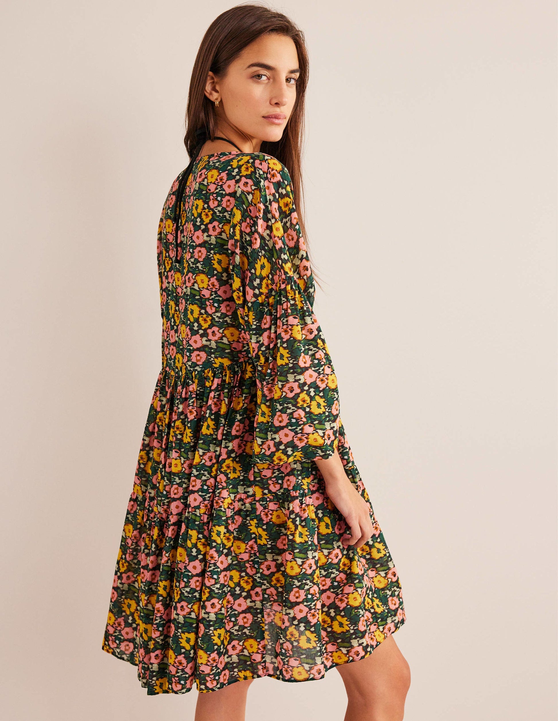 Relaxed Tiered Beach Dress-Emerald Night, Abstract Poppy-5