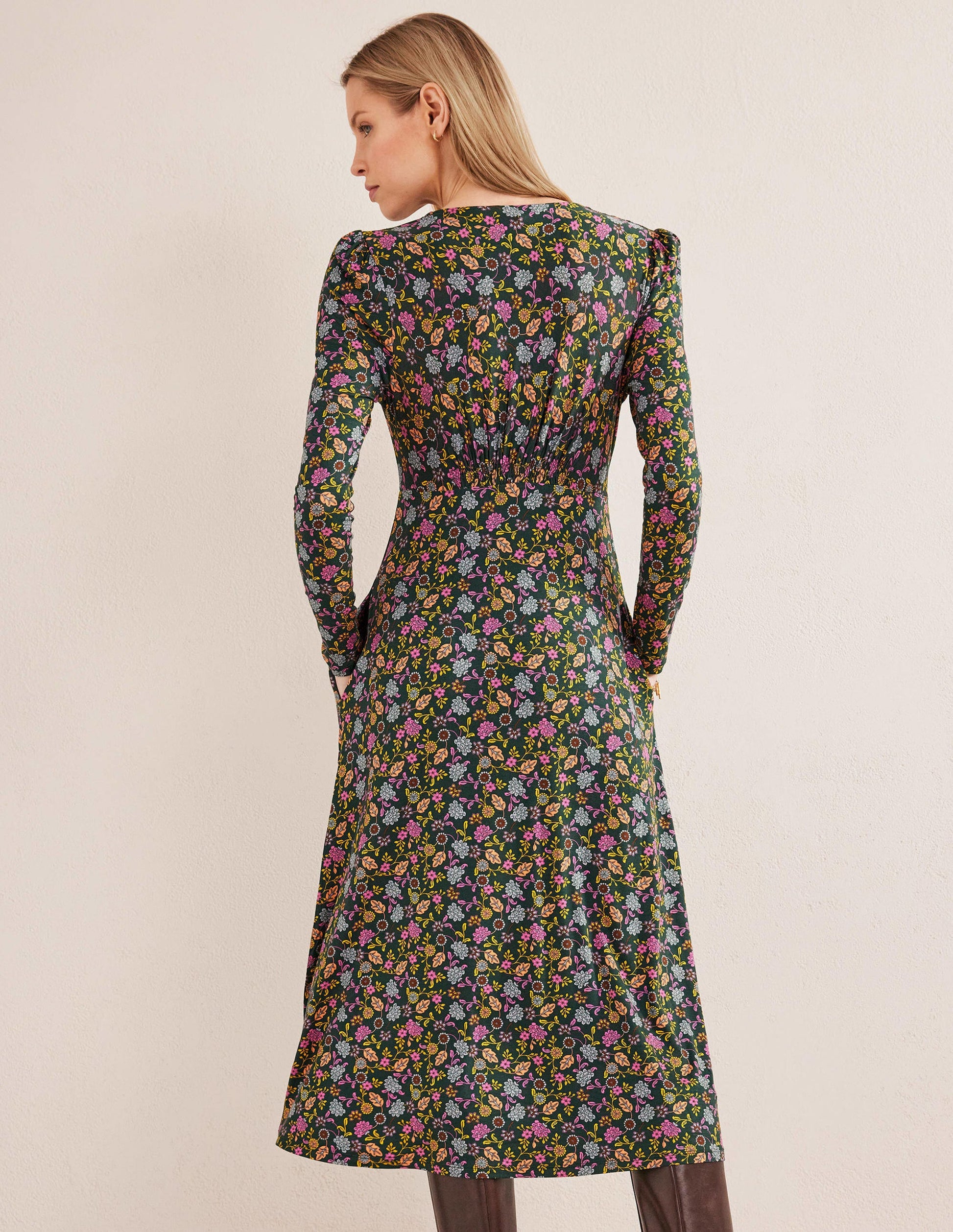 Midi-Teekleid aus Jersey-Waldgrün, Lotusblüten-3