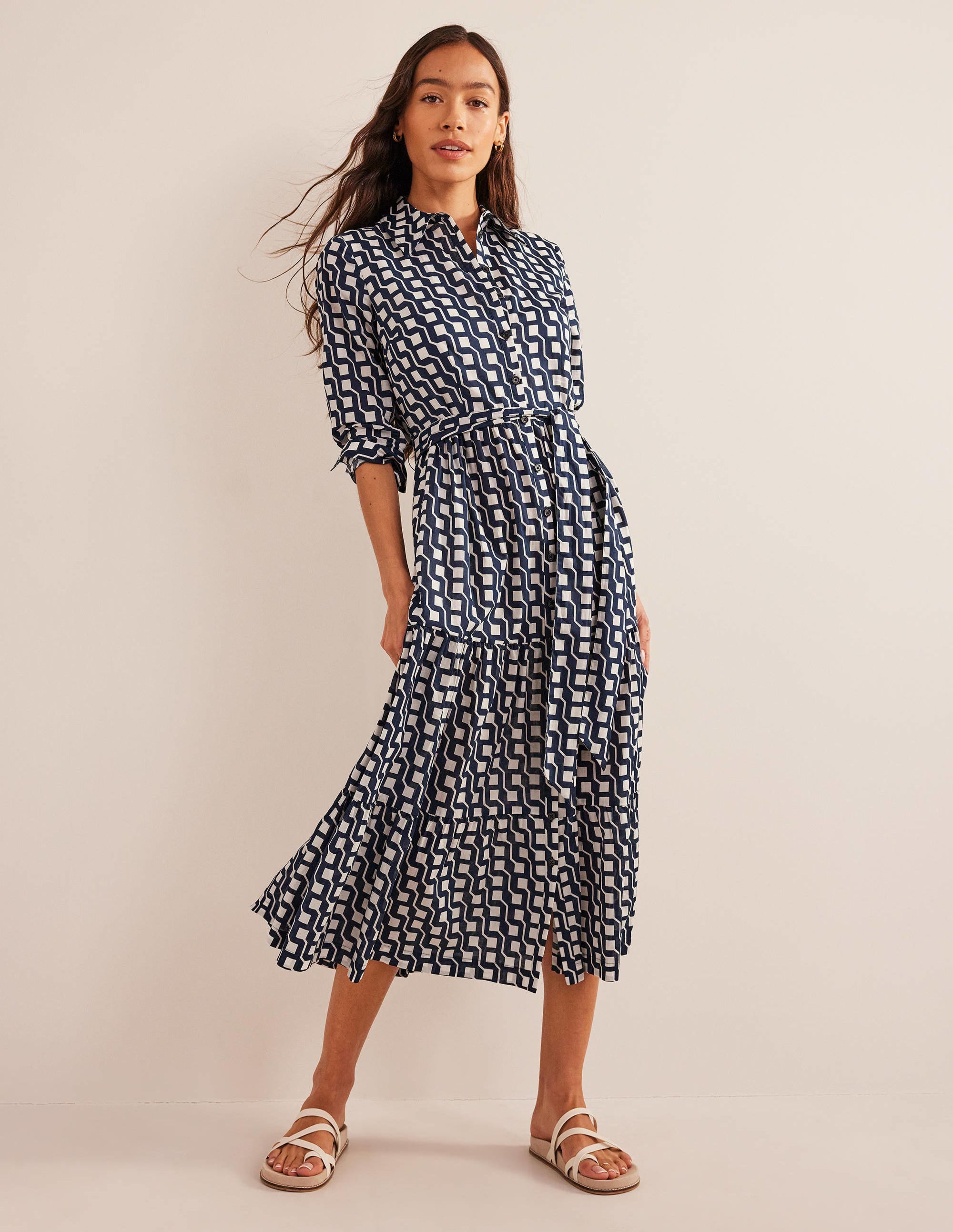 Flo Midi-Hemdblusenkleid aus Baumwolle-Marineblau, Geometrisches Würfelmuster - Image 1