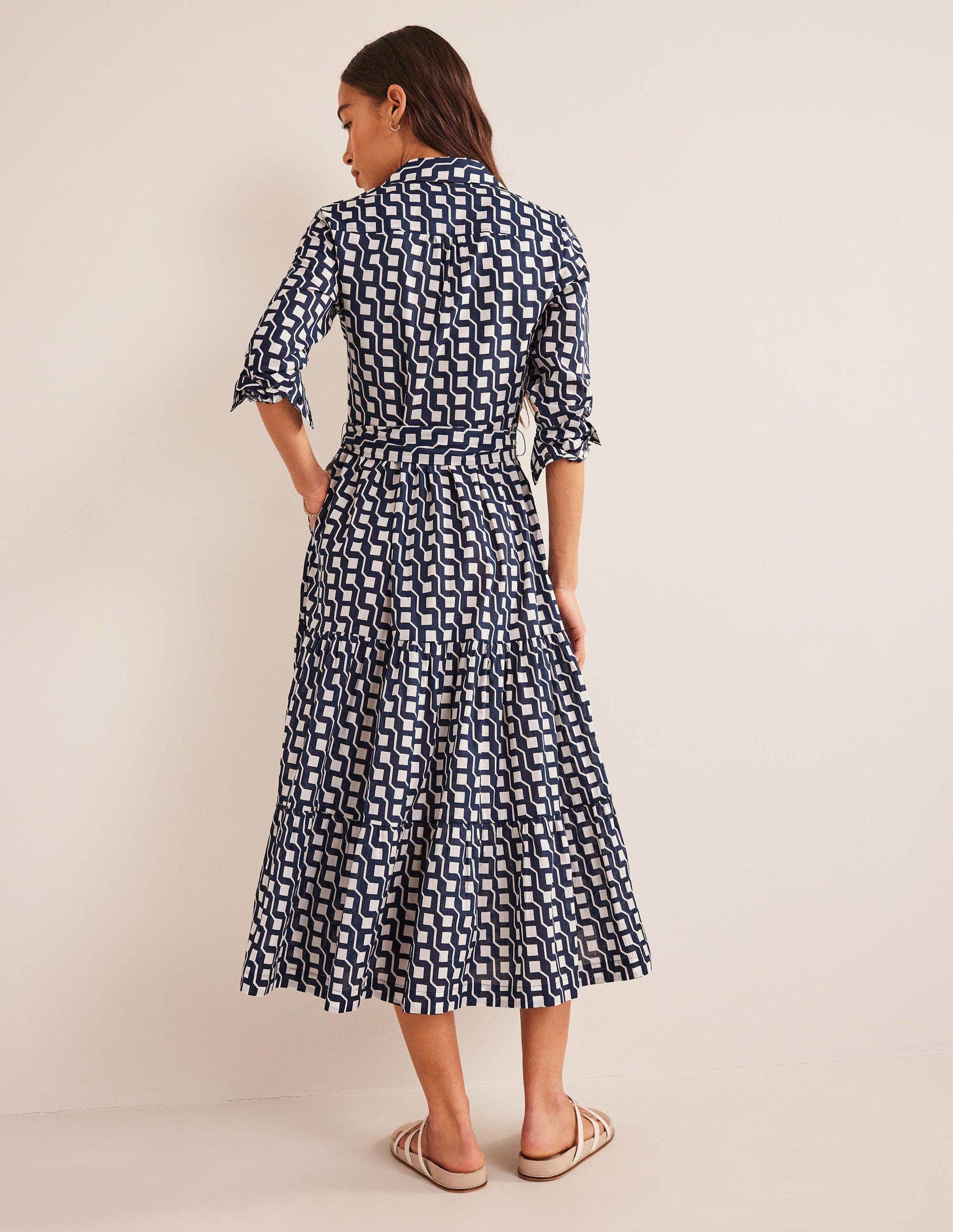 Flo Midi-Hemdblusenkleid aus Baumwolle-Marineblau, Geometrisches Würfelmuster-3