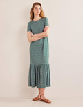 Robe midi Emma en jersey à volants-Vert bouteille, motif Bloom Bud
