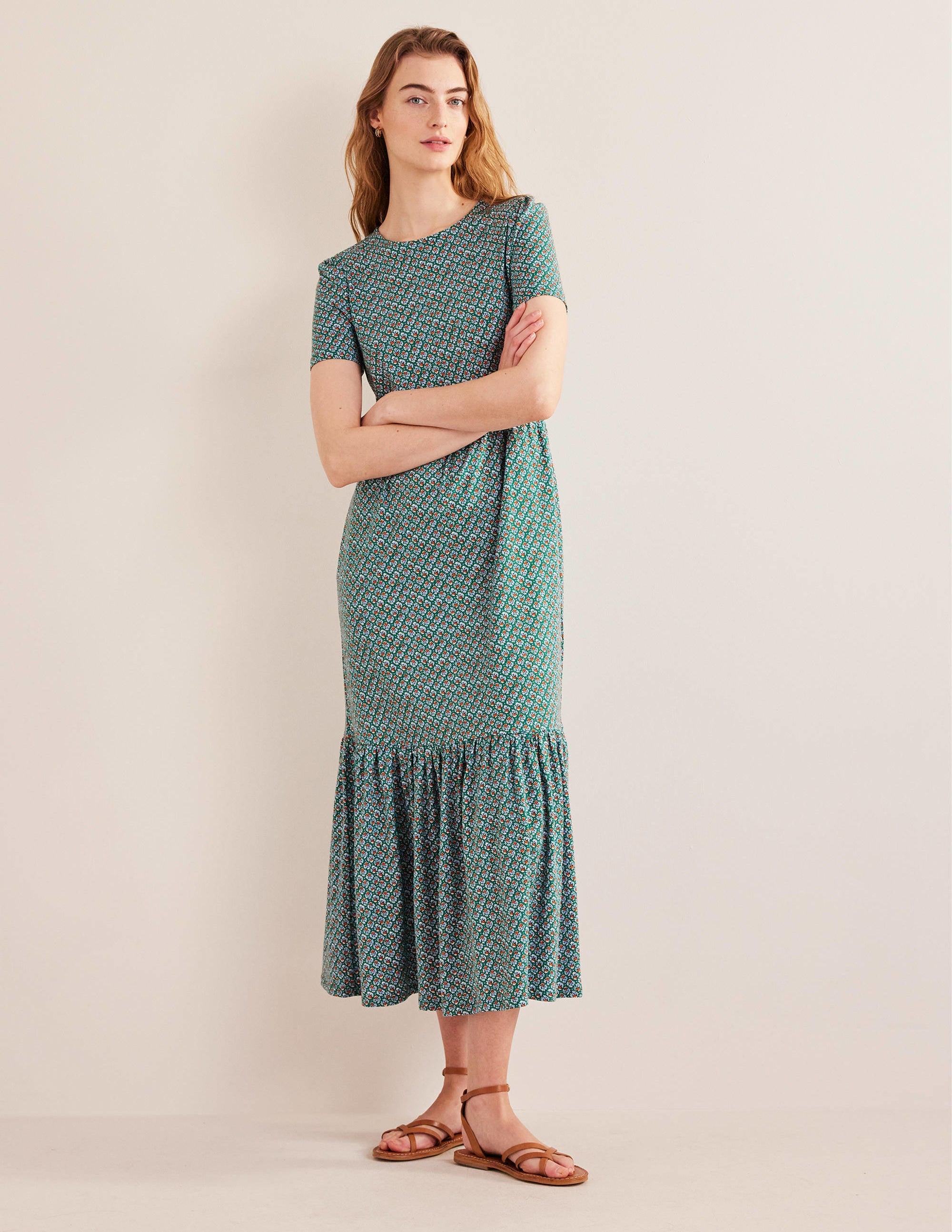 Robe midi Emma en jersey à volants-Vert bouteille, motif Bloom Bud - Image 1