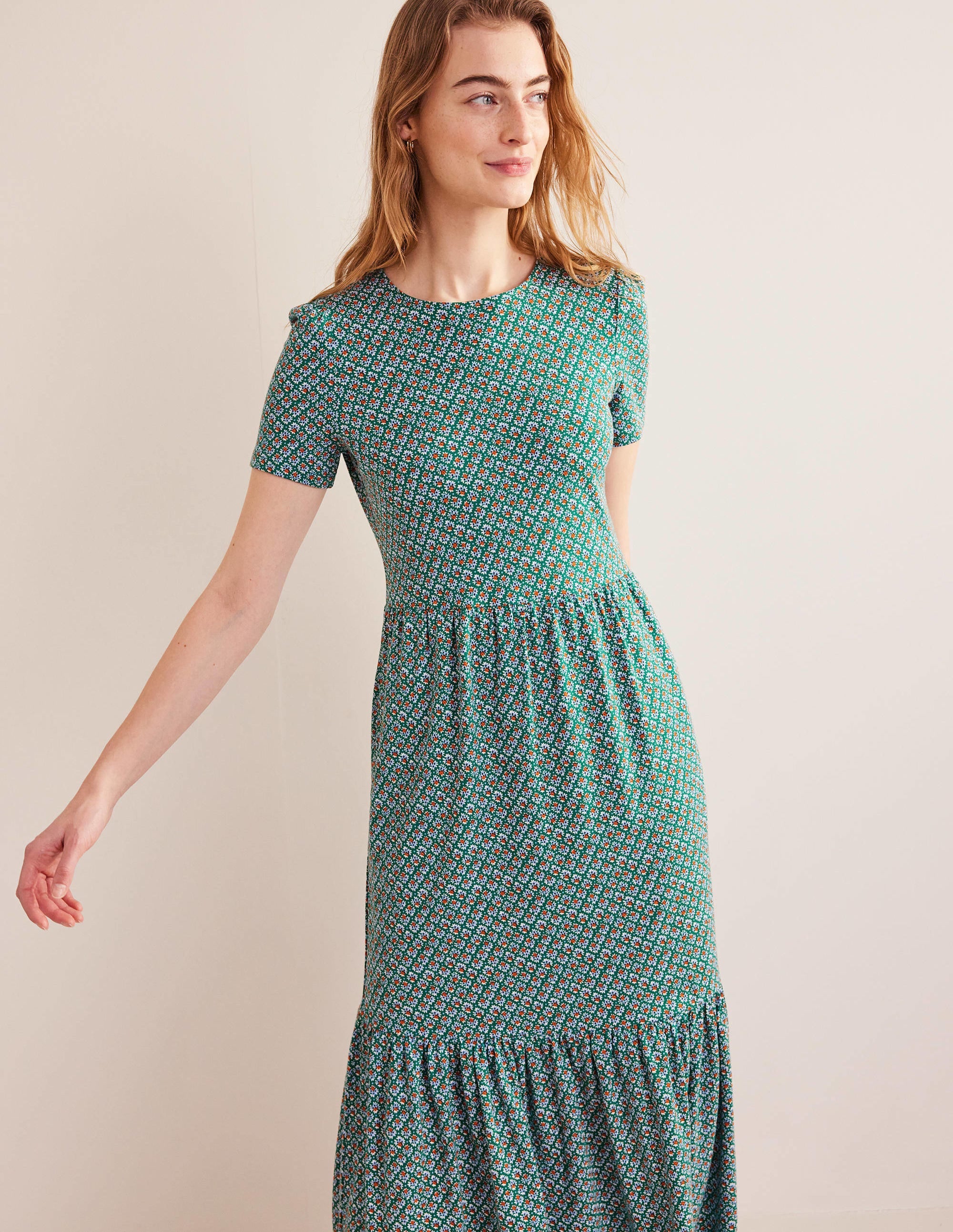 Robe midi Emma en jersey à volants-Vert bouteille, motif Bloom Bud - Image 2