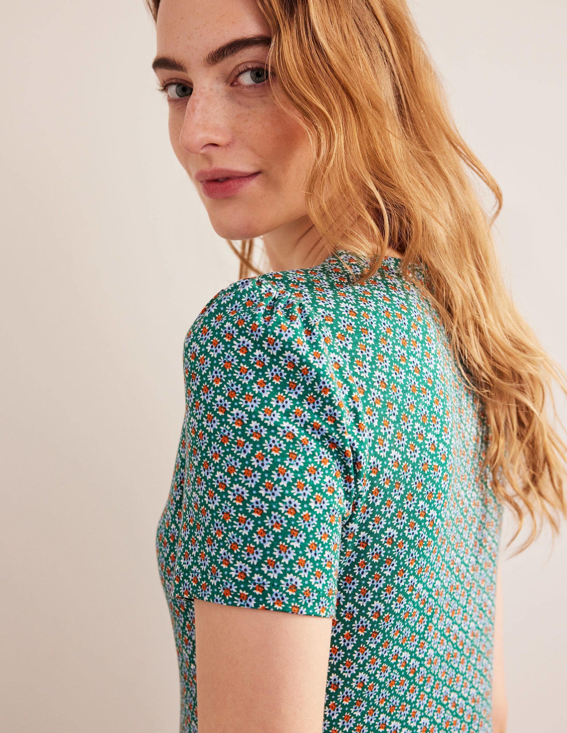Robe midi Emma en jersey à volants-Vert bouteille, motif Bloom Bud-3