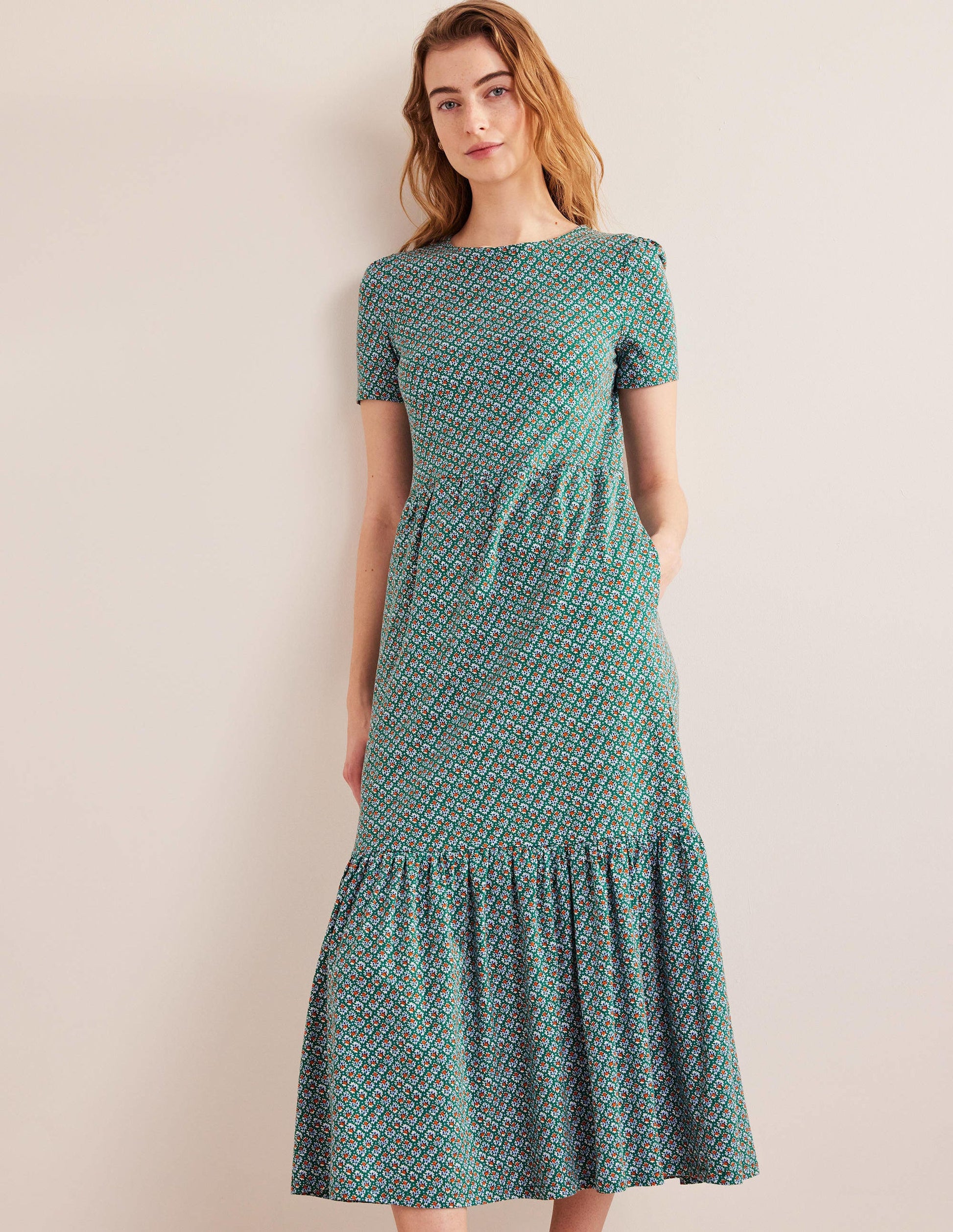 Robe midi Emma en jersey à volants-Vert bouteille, motif Bloom Bud-5