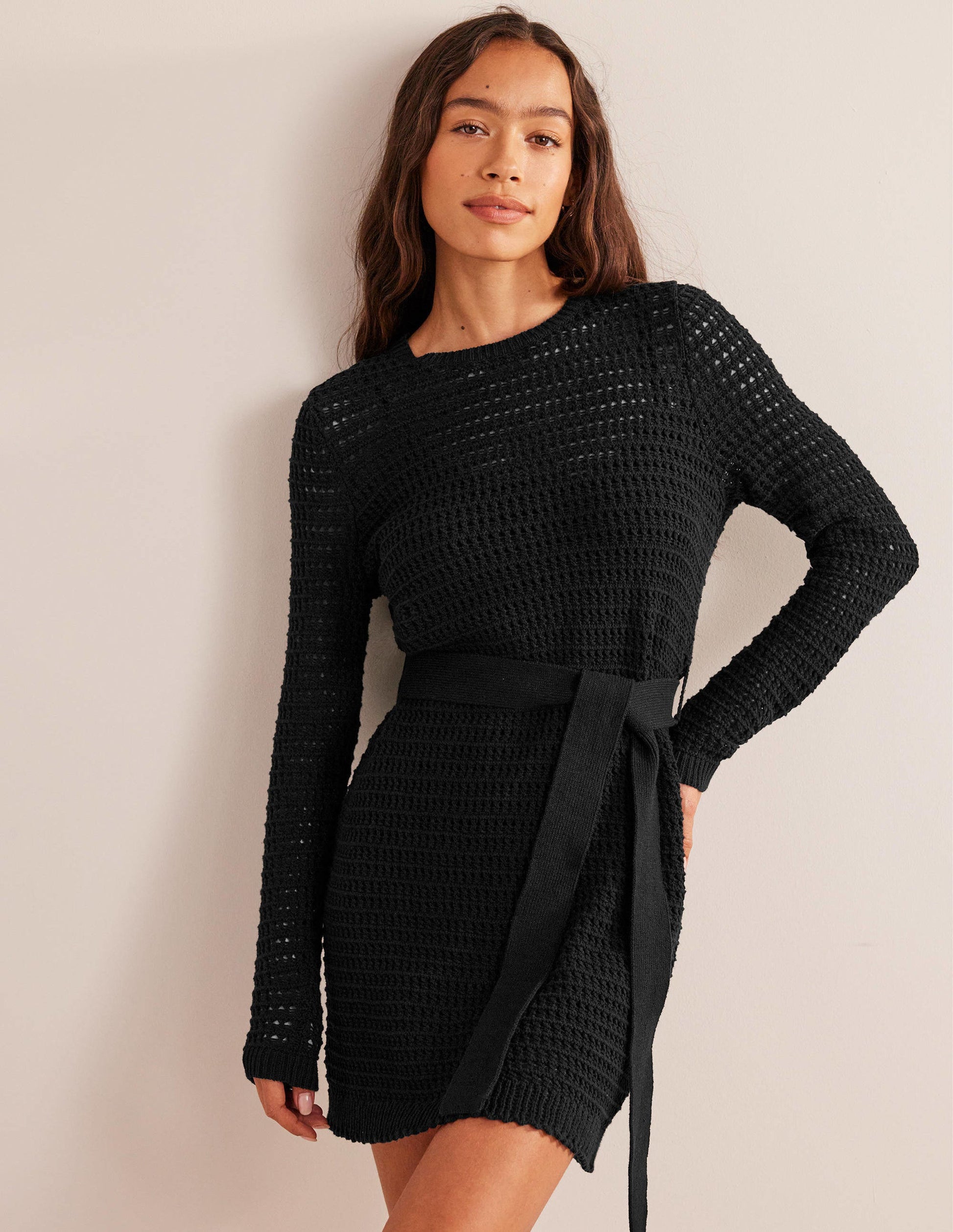 Strickkleid mit Häkeldetails-Schwarz-5
