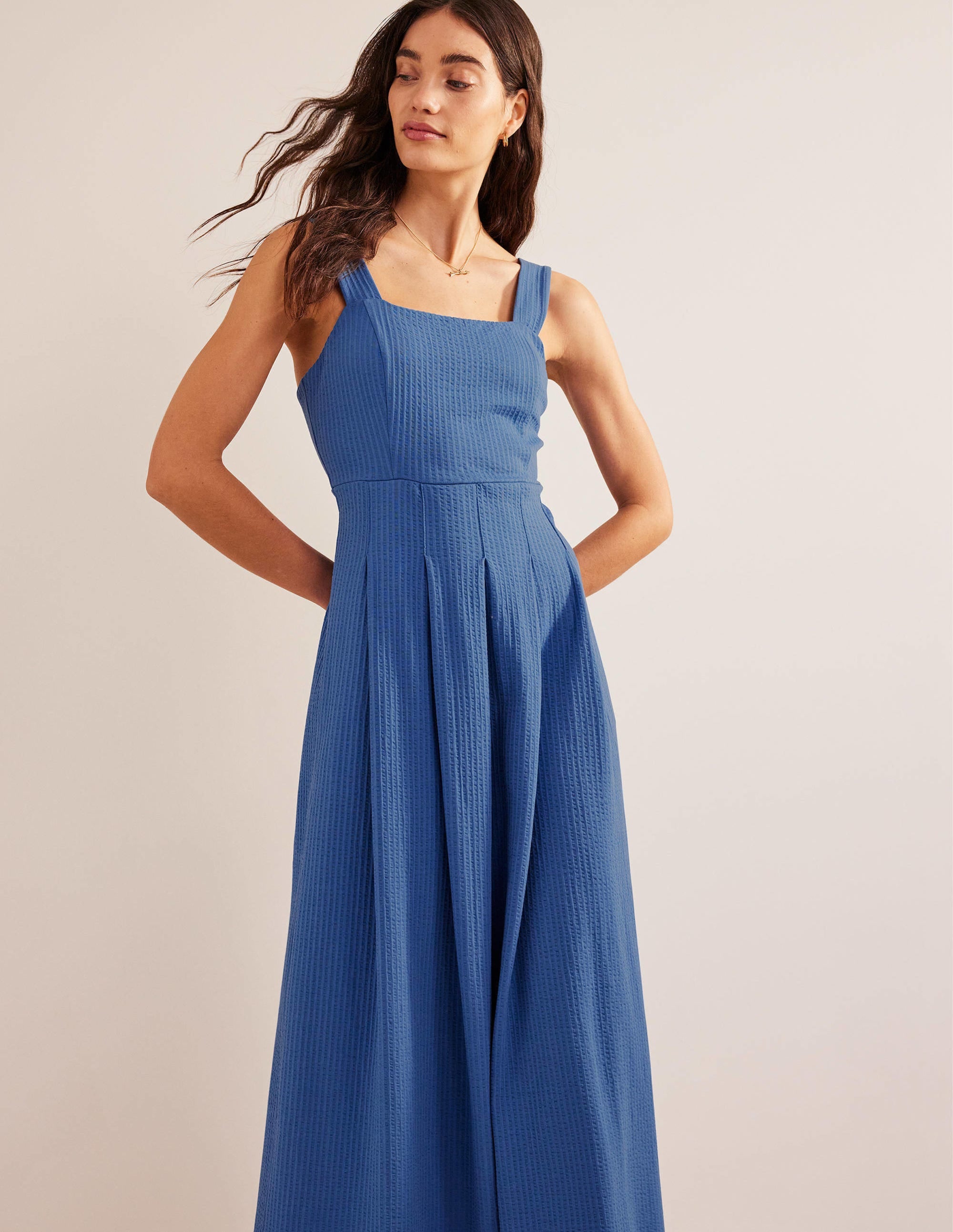 Robe midi à bretelles en seersucker-Bleu porcelaine - Image 4