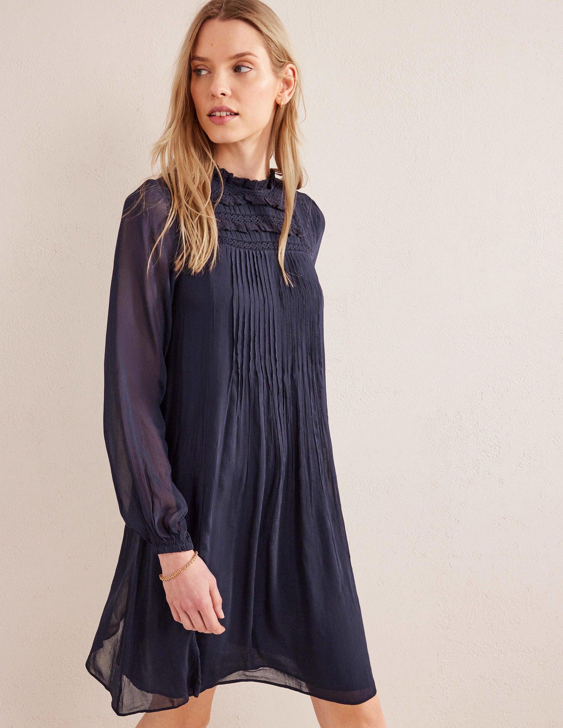 Swingkleid mit einfarbiger Borte-Marineblau-1