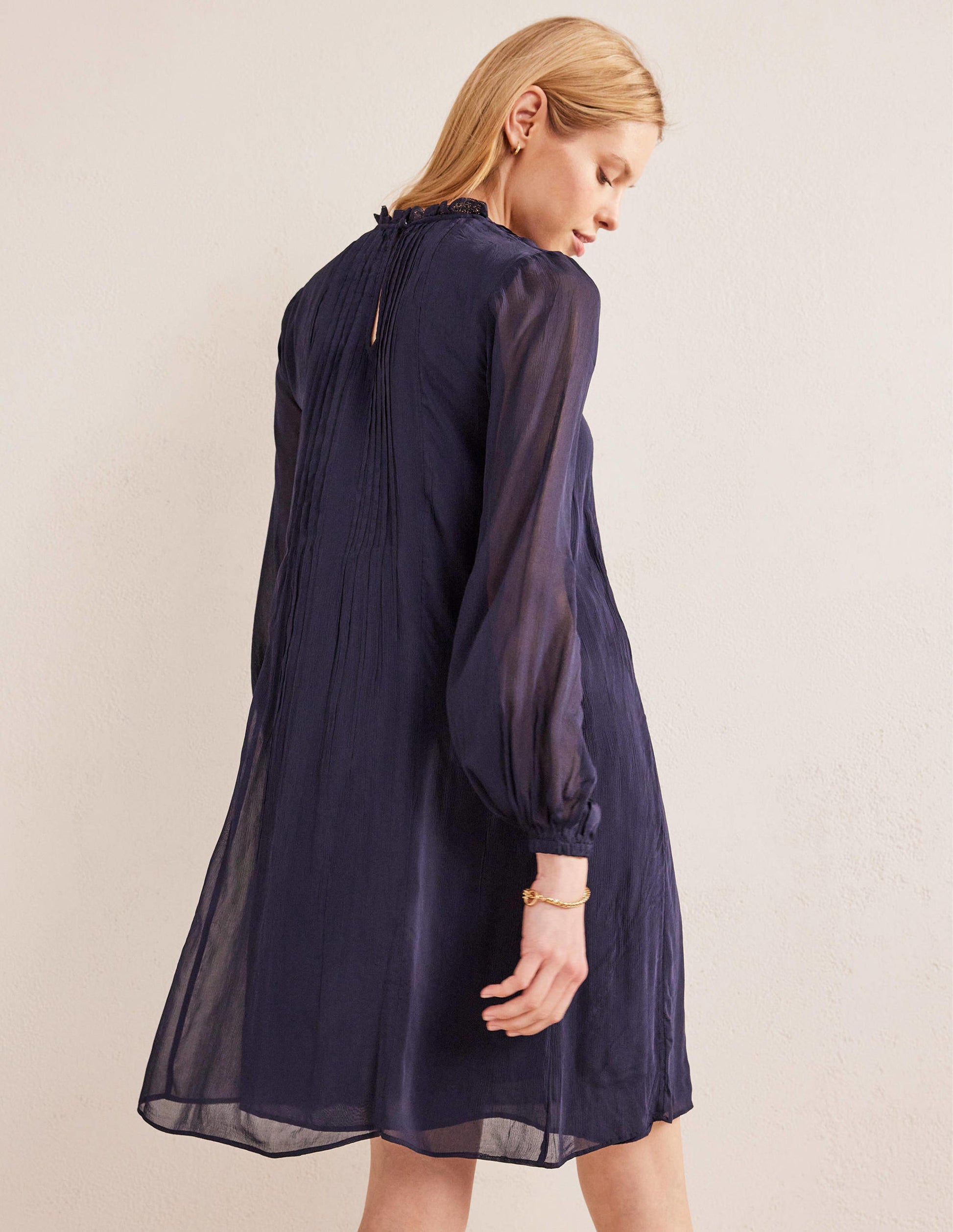 Swingkleid mit einfarbiger Borte-Marineblau-3