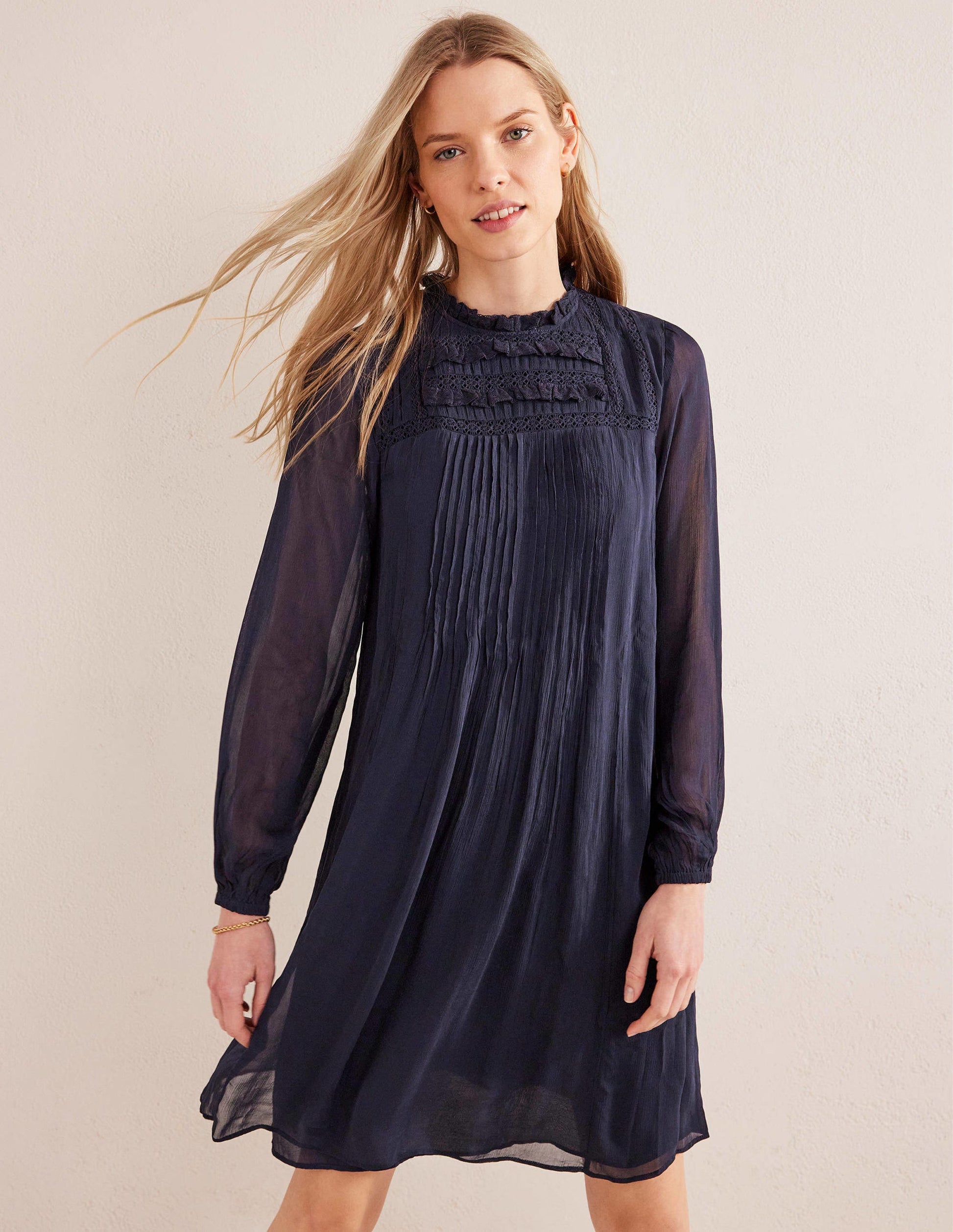 Swingkleid mit einfarbiger Borte-Marineblau-4