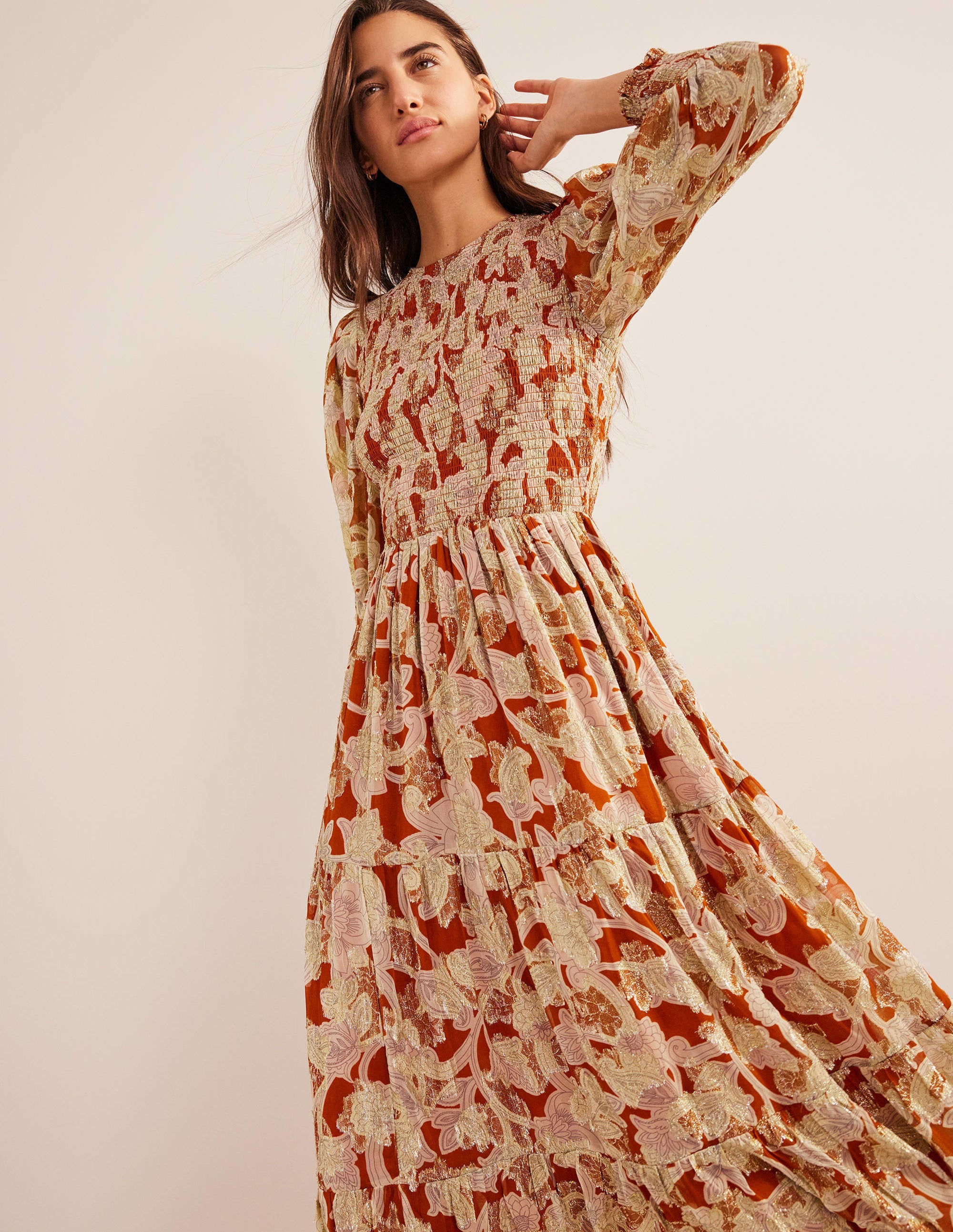 Robe en jacquard avec corsage à smocks-Rouille, motif Paisley Whirl - Image 1