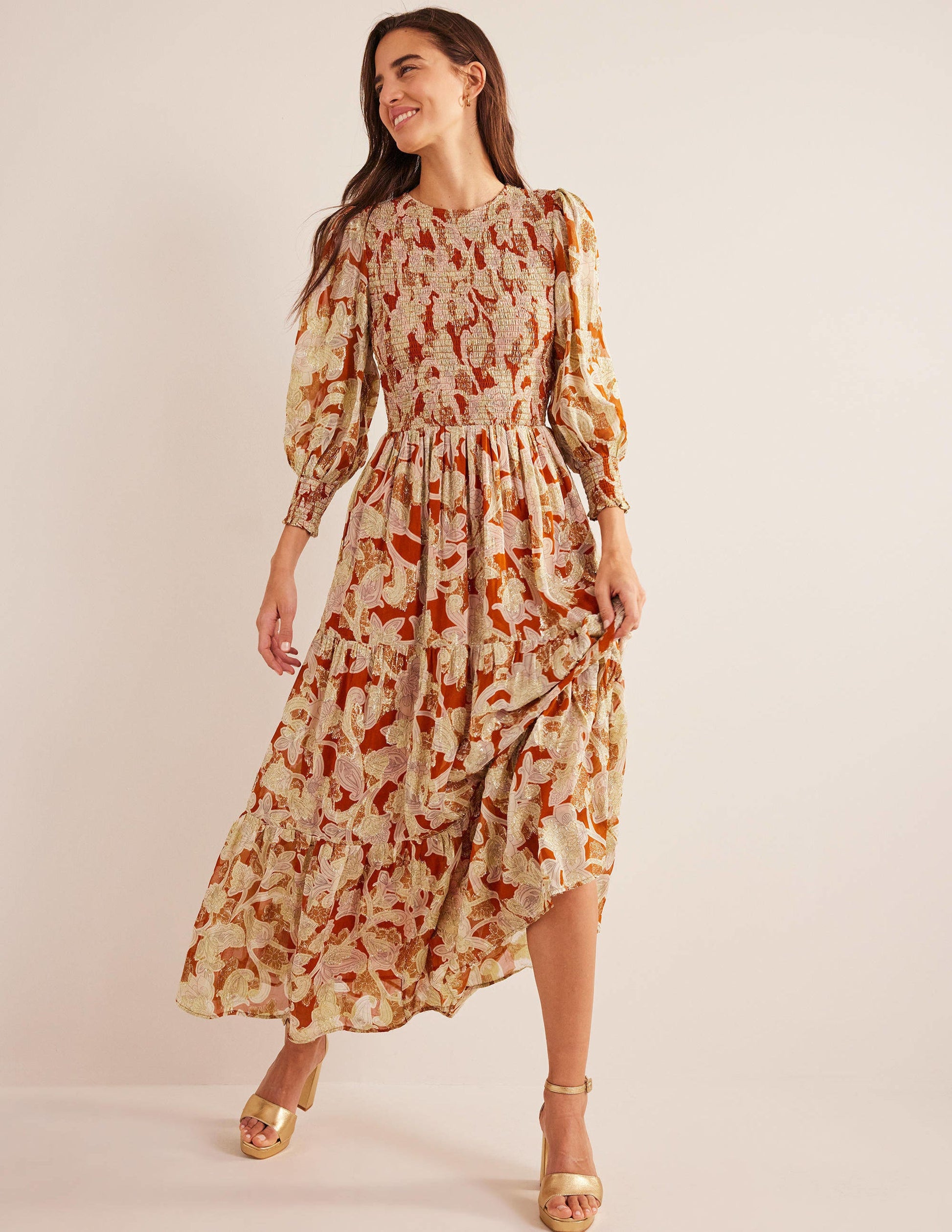 Robe en jacquard avec corsage à smocks-Rouille, motif Paisley Whirl-2