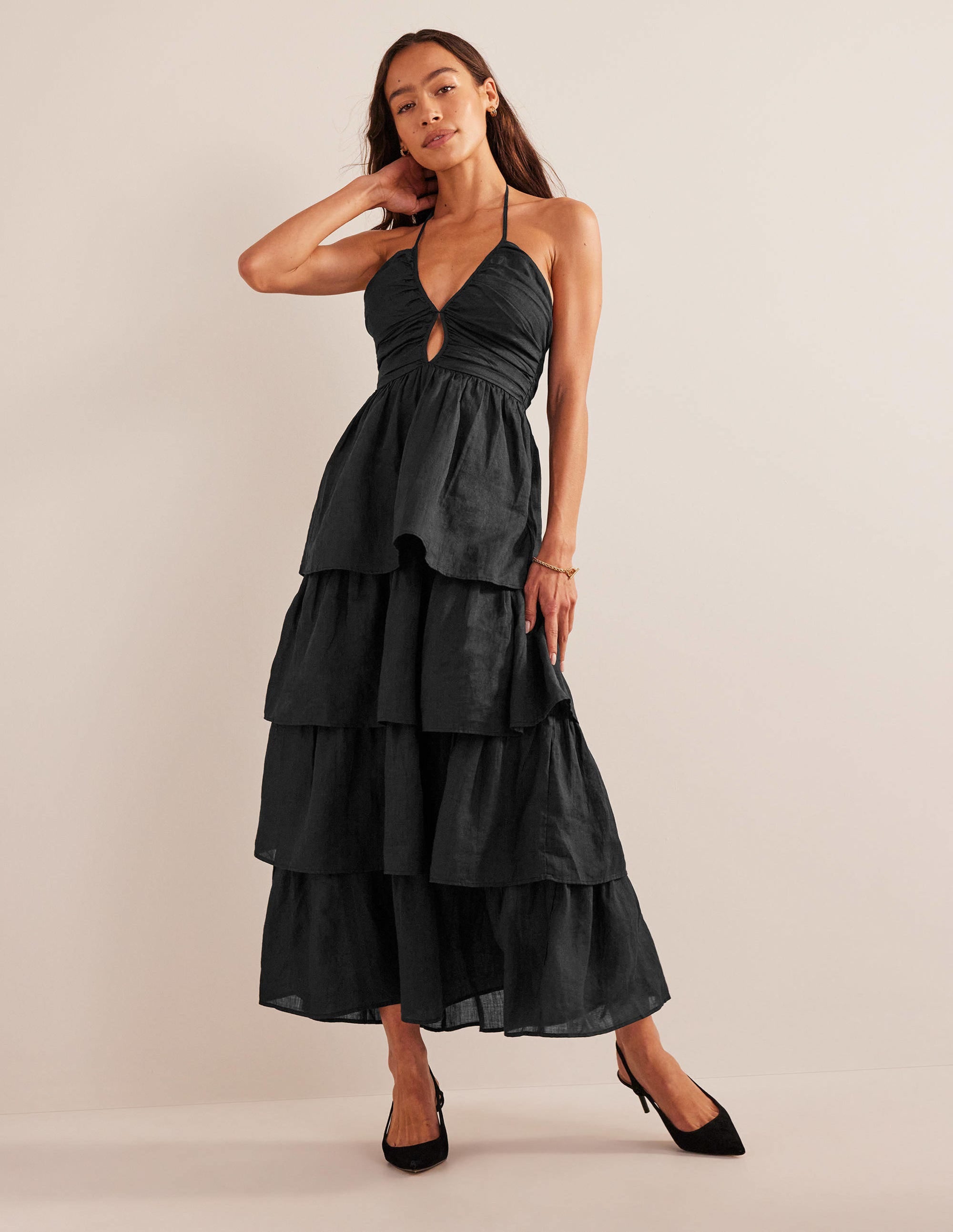Gestuftes Maxi-Kleid mit Raffungen-Schwarz - Image 1