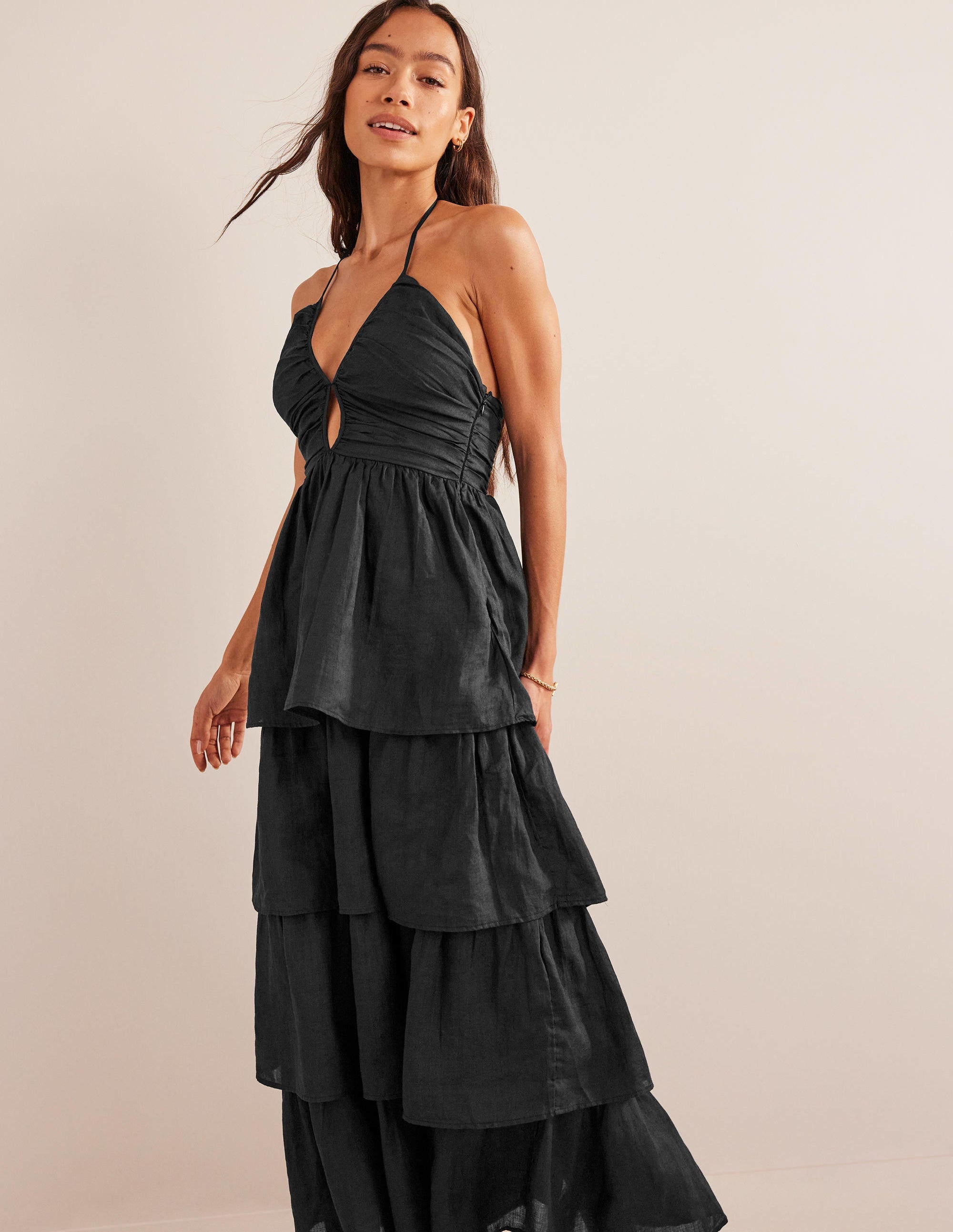 Gestuftes Maxi-Kleid mit Raffungen-Schwarz - Image 5
