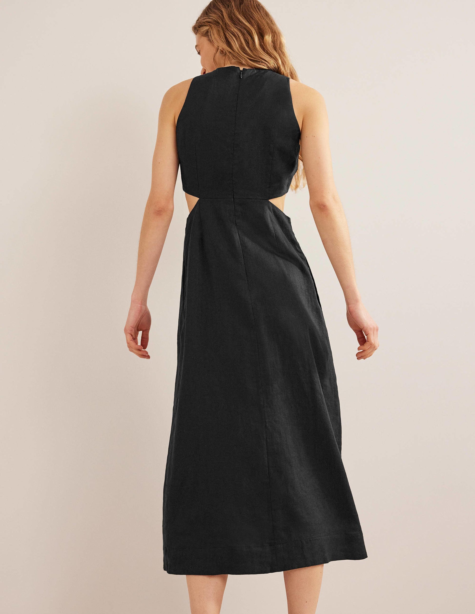Robe midi en lin à découpes-Noir-3