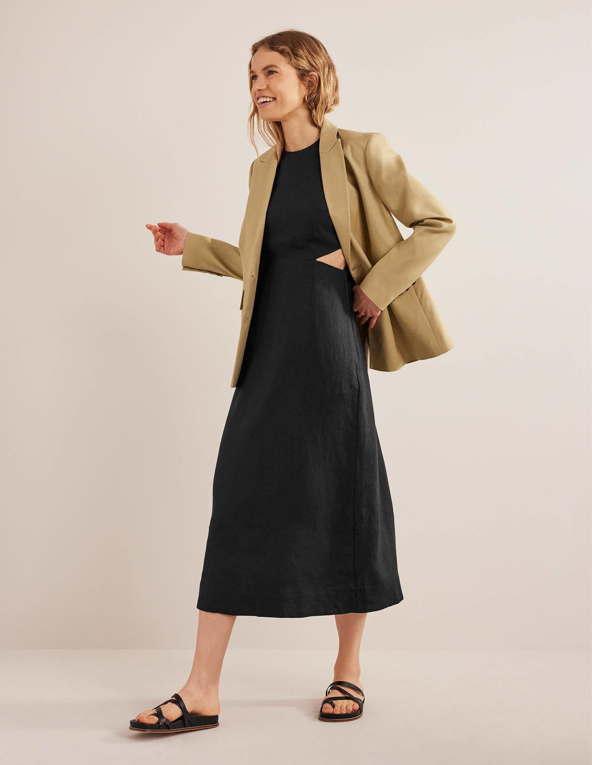 Robe midi en lin à découpes-Noir - Image 4