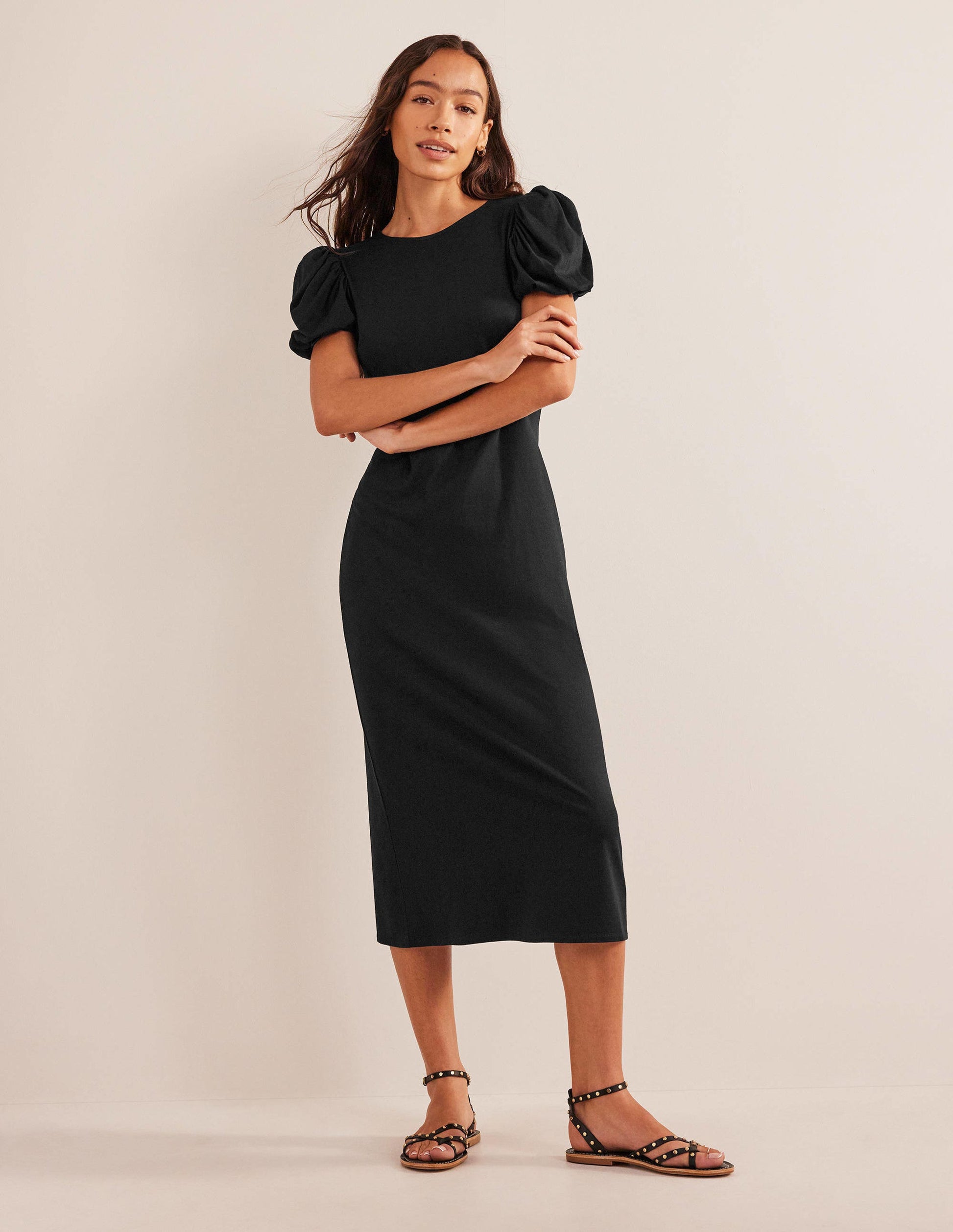 Jersey-Midikleid mit Puffärmeln-Schwarz-1