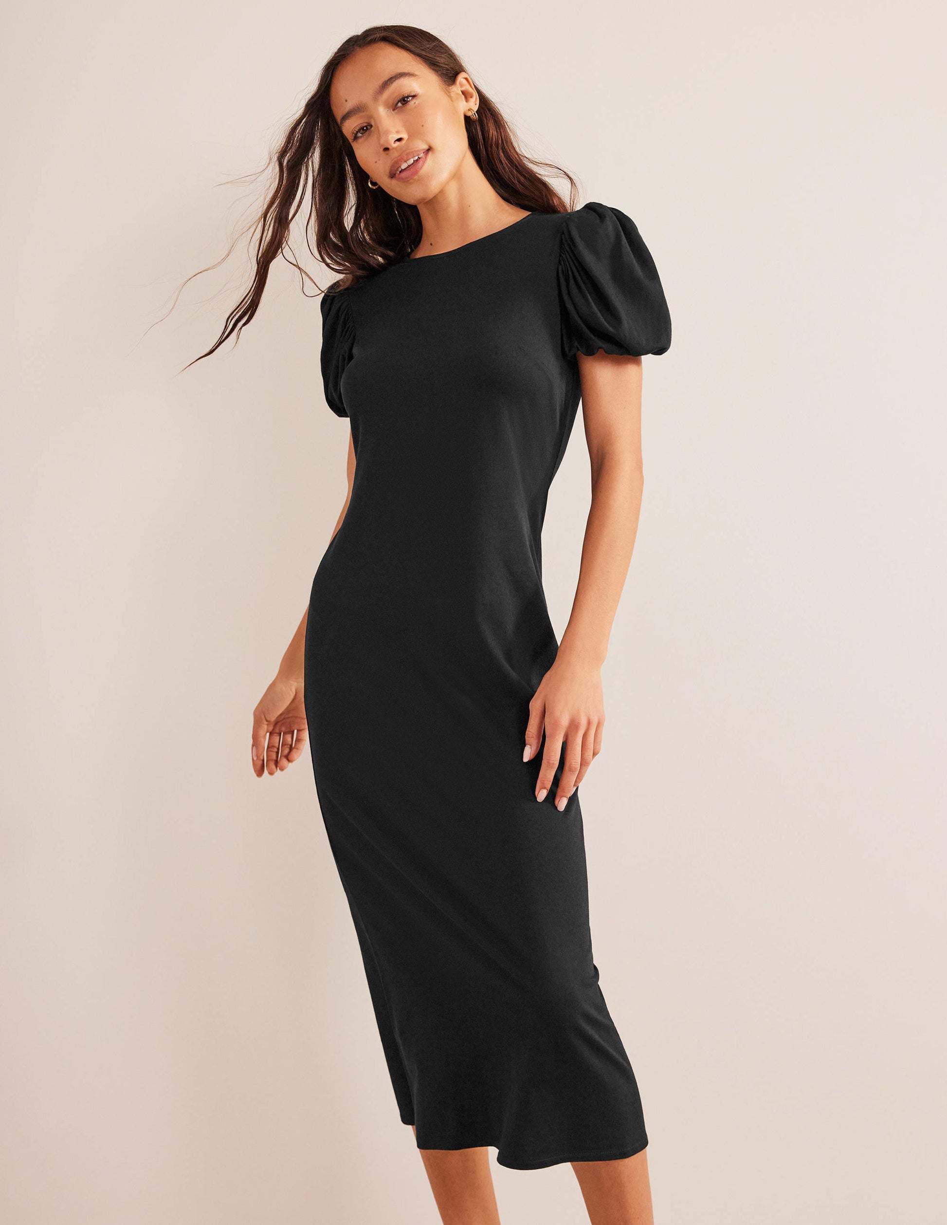 Jersey-Midikleid mit Puffärmeln-Schwarz-5