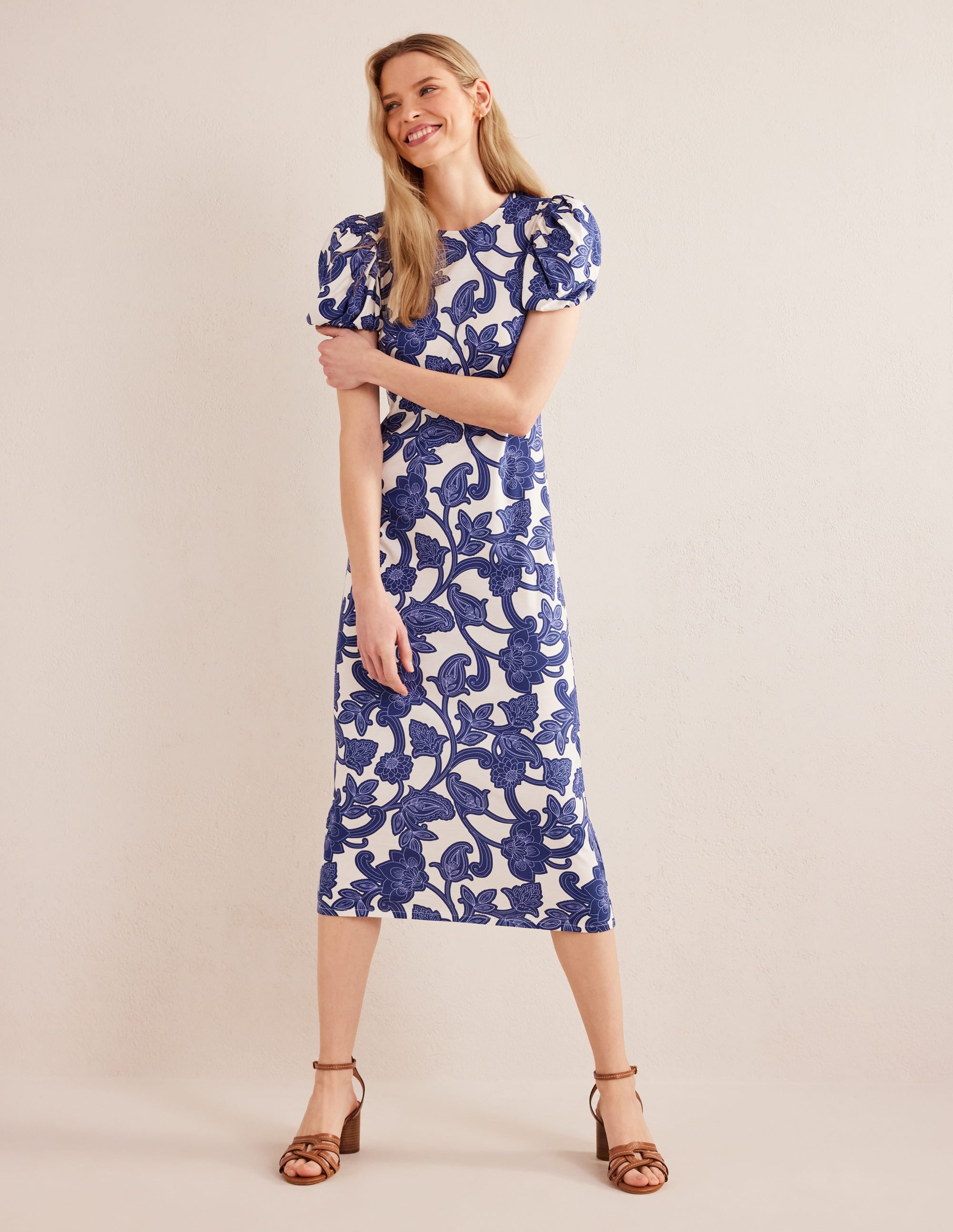 Jersey-Midikleid mit Puffärmeln-Blau, Geschwungenes Paisleymuster - Image 1