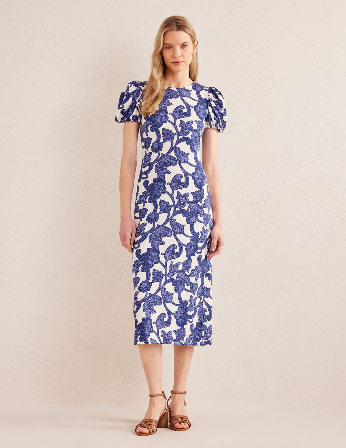 Jersey-Midikleid mit Puffärmeln-Blau, Geschwungenes Paisleymuster - Image 4