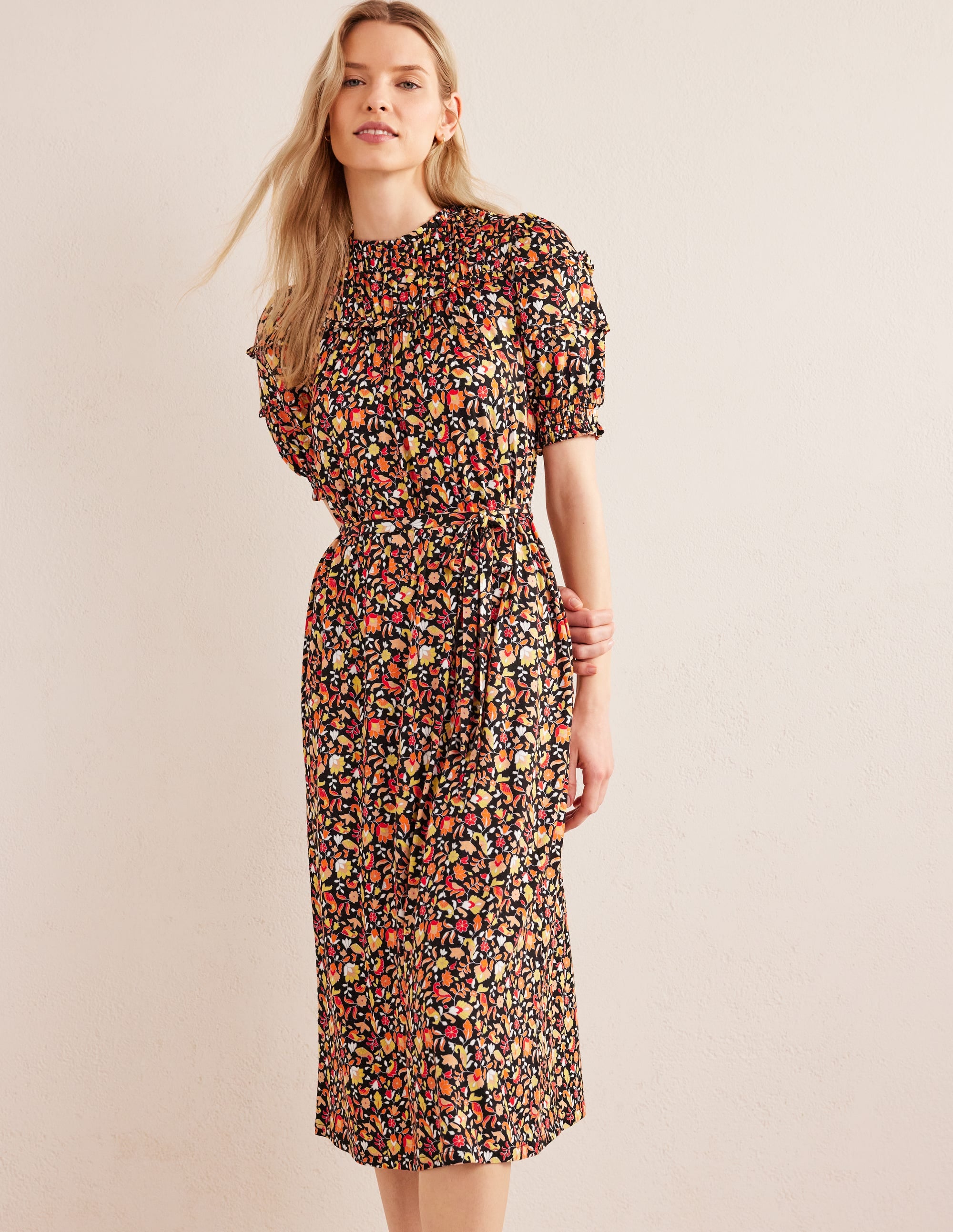 Jersey-Midikleid mit Passe-Schwarz, Blütenmuster - Image 1