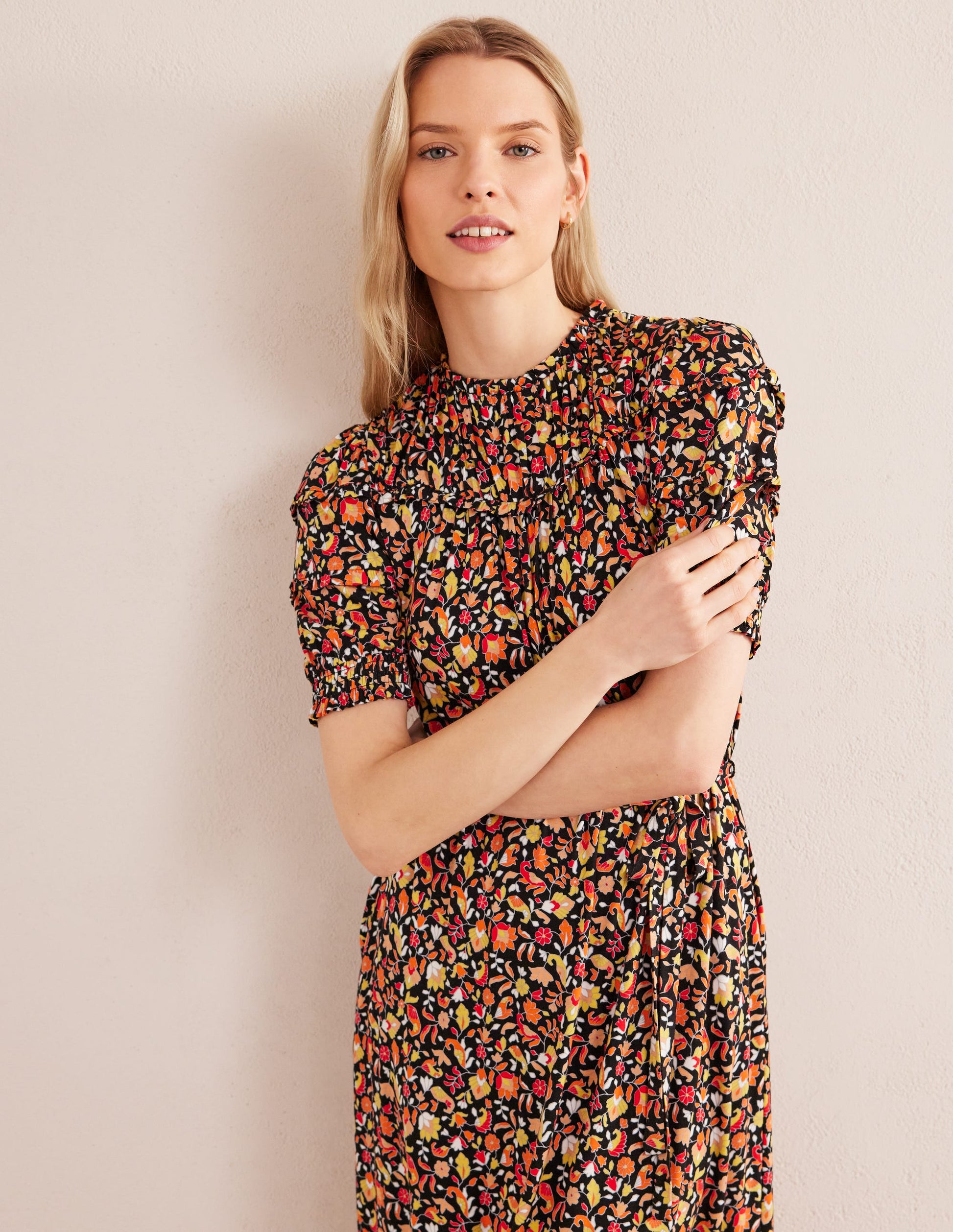 Jersey-Midikleid mit Passe-Schwarz, Blütenmuster-4
