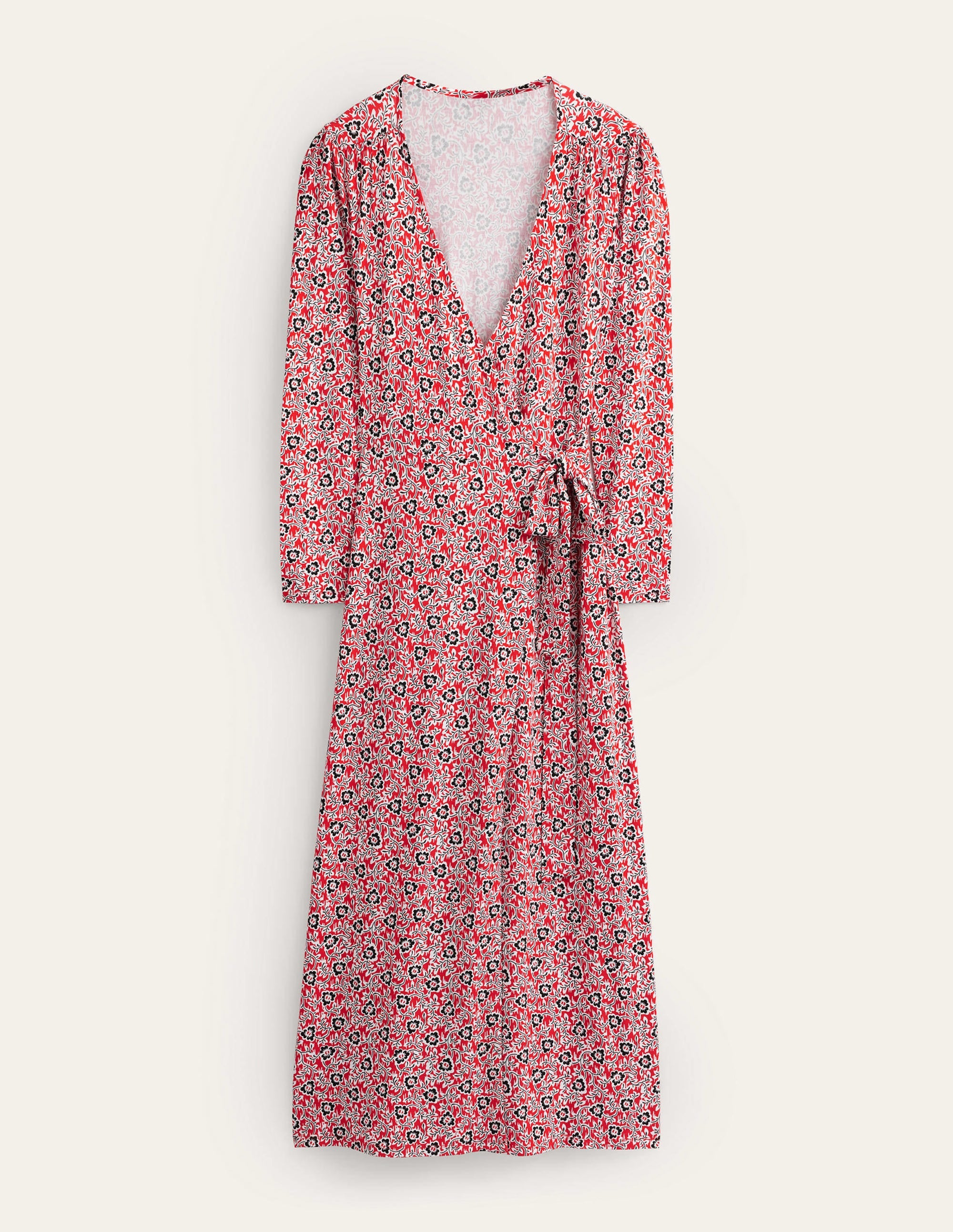 Maxi-Wickelkleid aus Jersey-Tomatenrot, Geschwungenes Kleemuster - Image 3