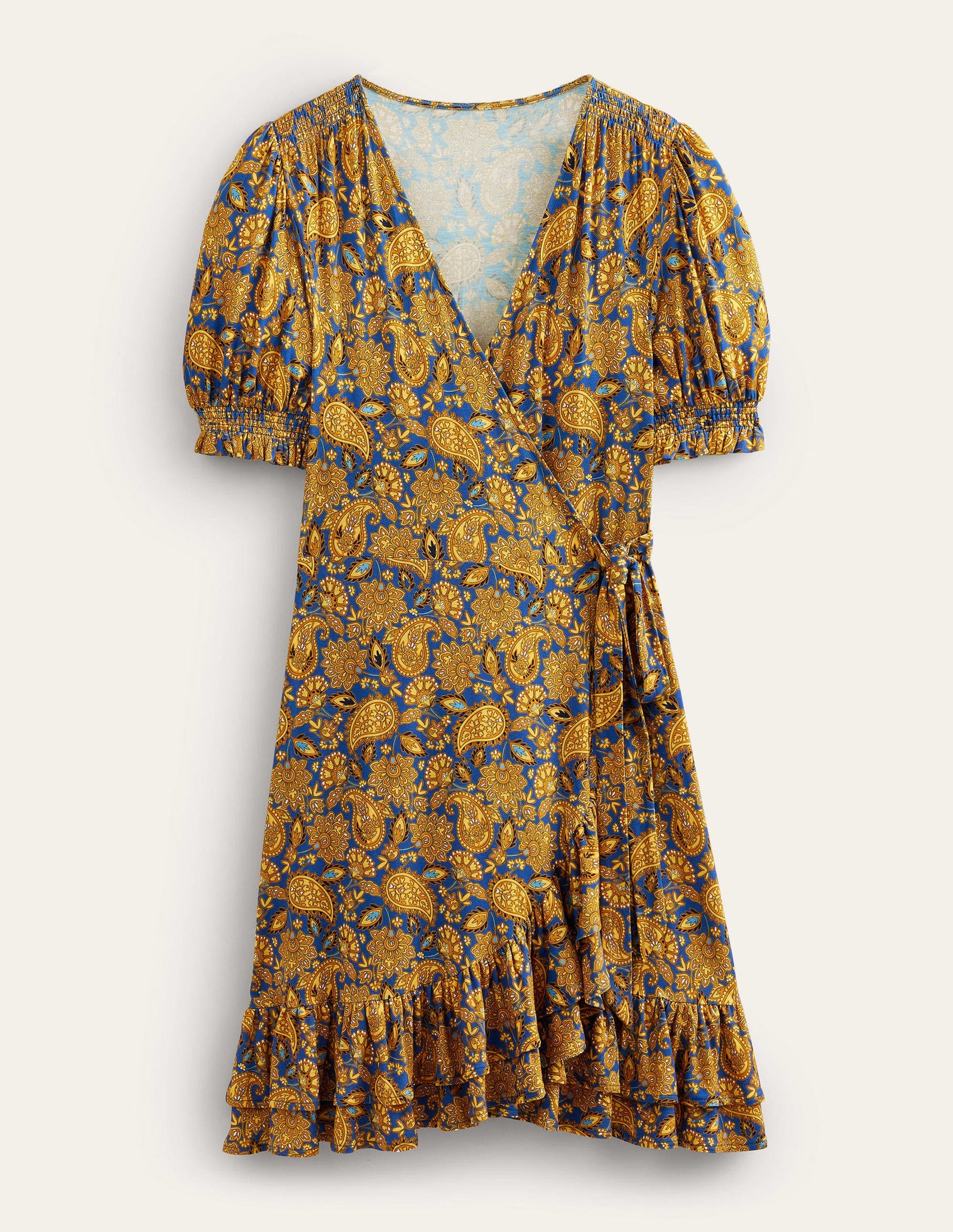 Ruffle Wrap Jersey Mini Dress-Harvest Gold, Paisley Terrace-5