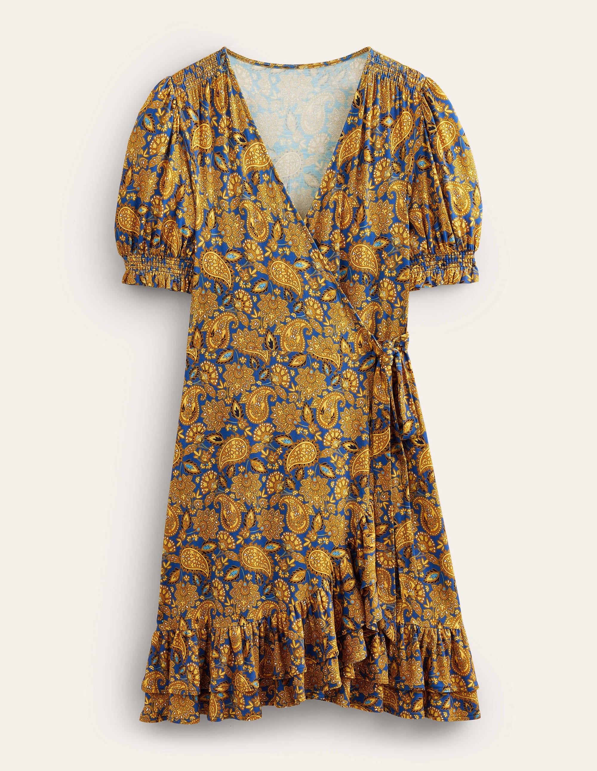 Ruffle Wrap Jersey Mini Dress-Harvest Gold, Paisley Terrace - Image 5