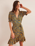 Ruffle Wrap Jersey Mini Dress-Harvest Gold, Paisley Terrace