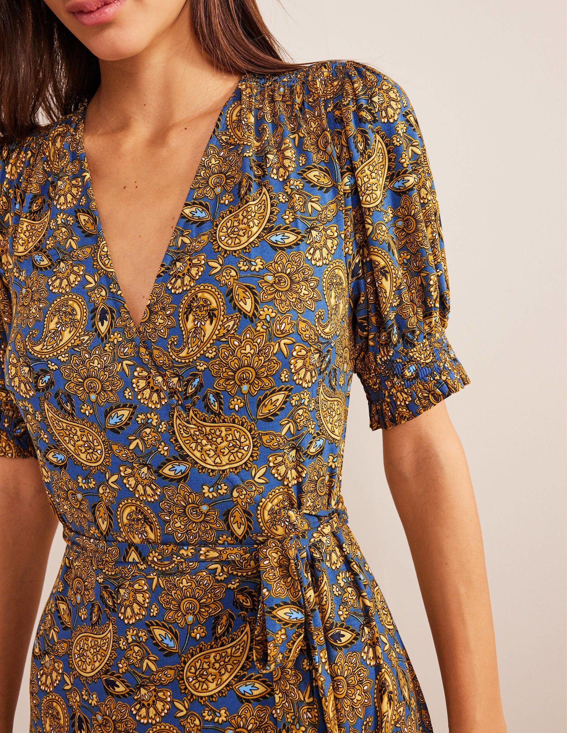 Ruffle Wrap Jersey Mini Dress-Harvest Gold, Paisley Terrace-2