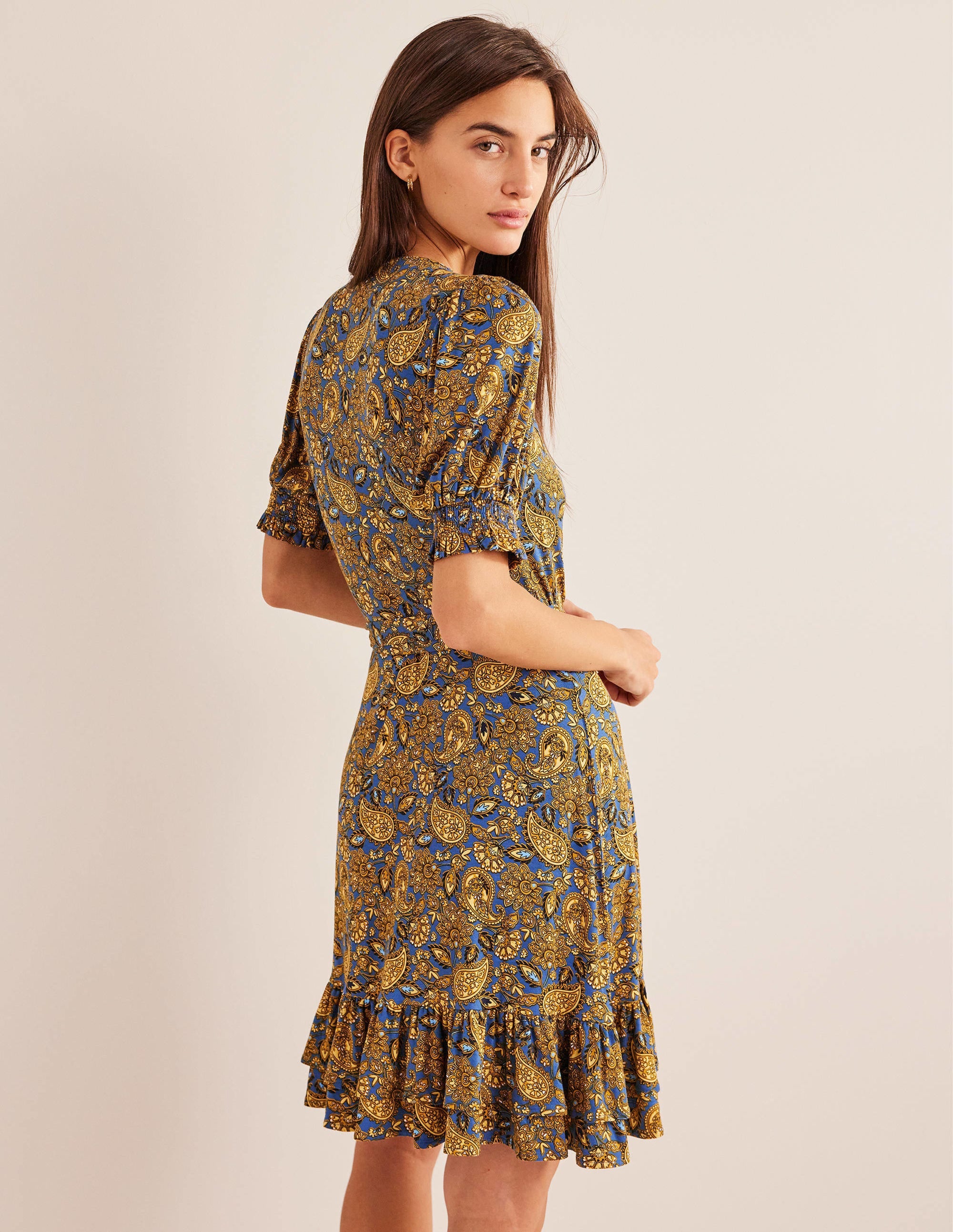 Ruffle Wrap Jersey Mini Dress-Harvest Gold, Paisley Terrace - Image 3