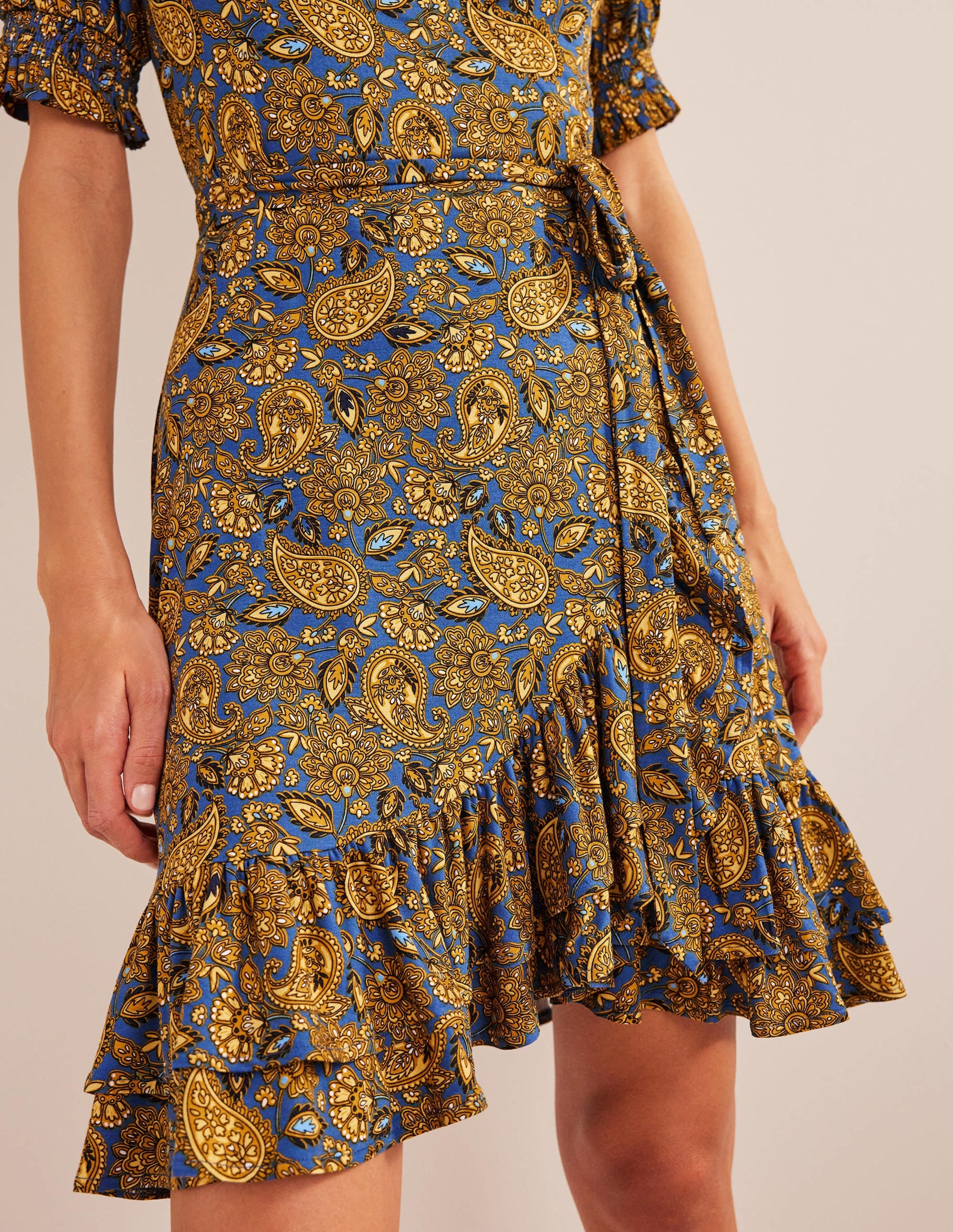 Ruffle Wrap Jersey Mini Dress-Harvest Gold, Paisley Terrace - Image 4