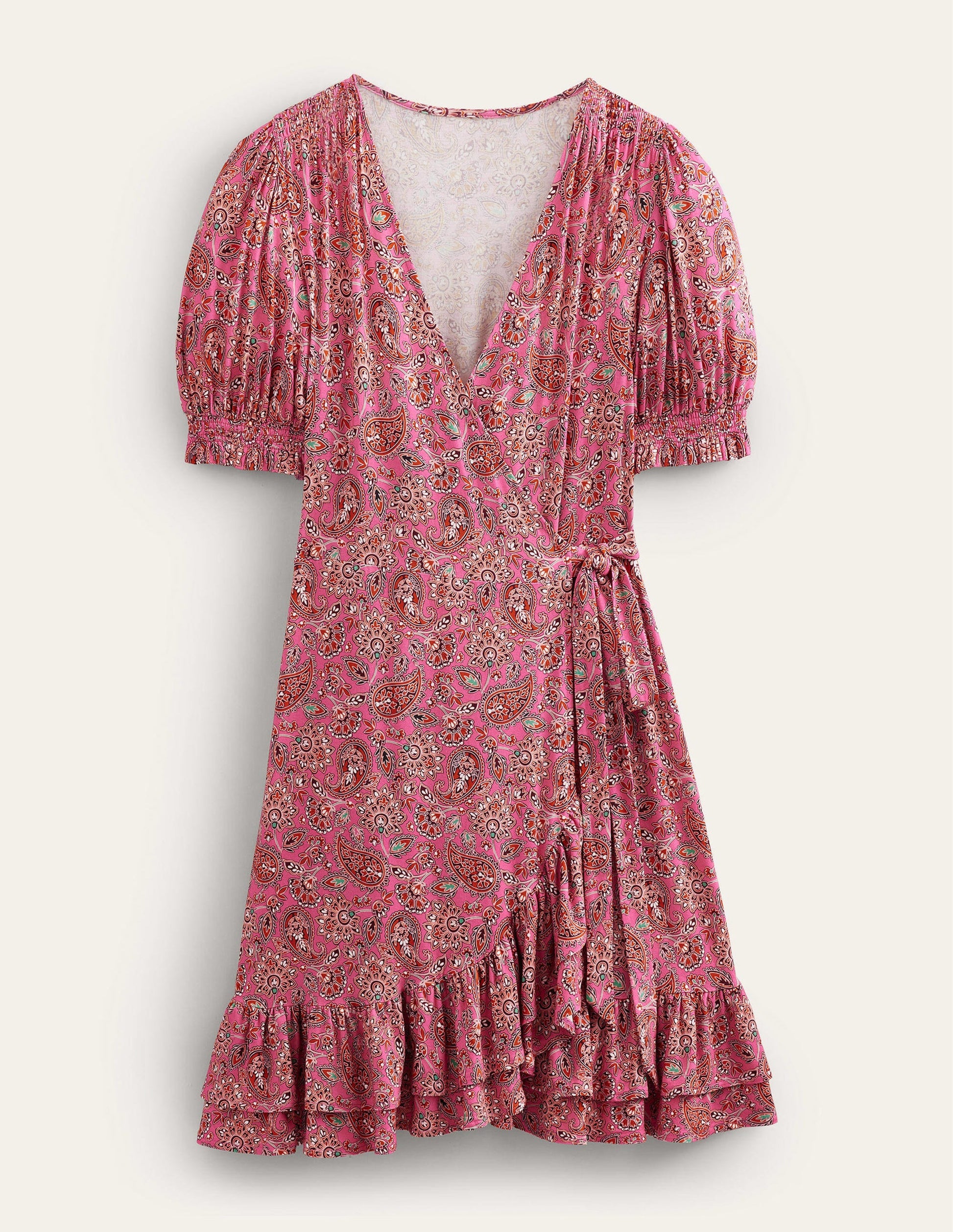 Ruffle Wrap Jersey Mini Dress-Carmine Rose, Paisley Terrace-6