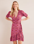 Ruffle Wrap Jersey Mini Dress-Carmine Rose, Paisley Terrace