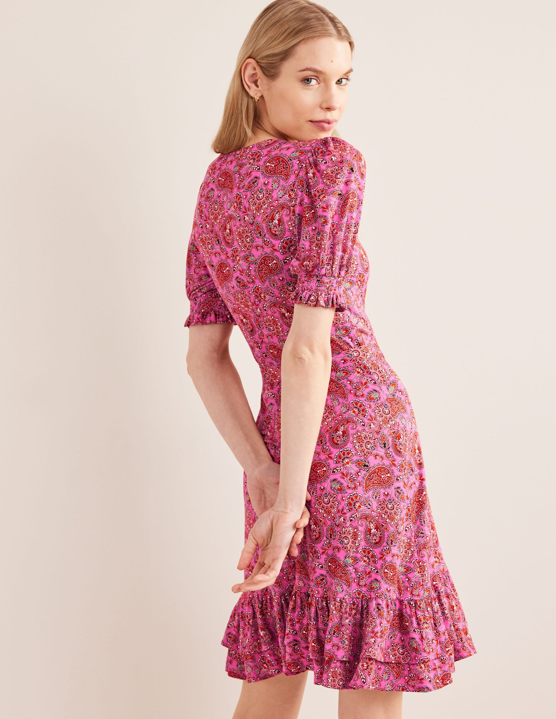 Ruffle Wrap Jersey Mini Dress-Carmine Rose, Paisley Terrace-3
