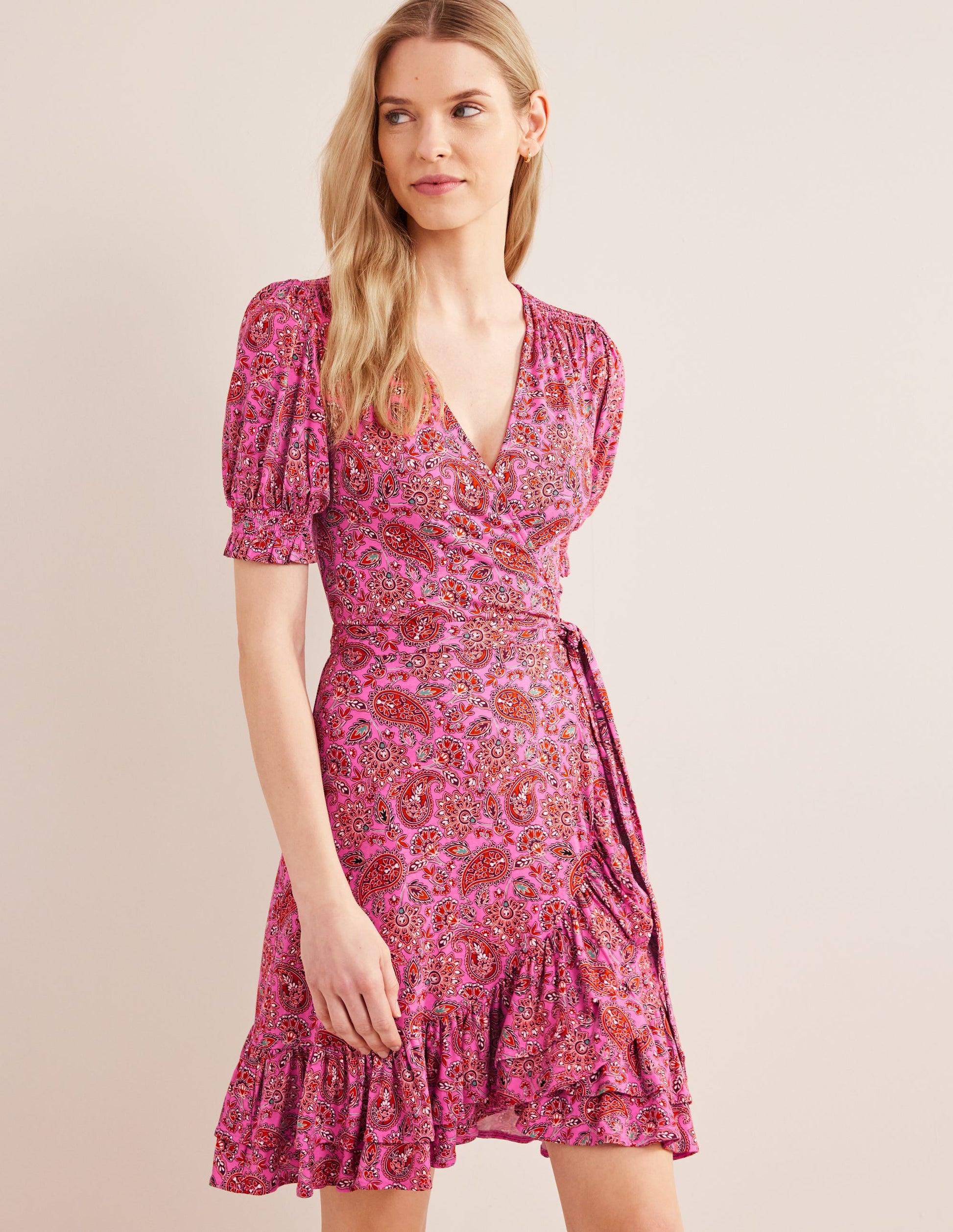 Ruffle Wrap Jersey Mini Dress-Carmine Rose, Paisley Terrace-4