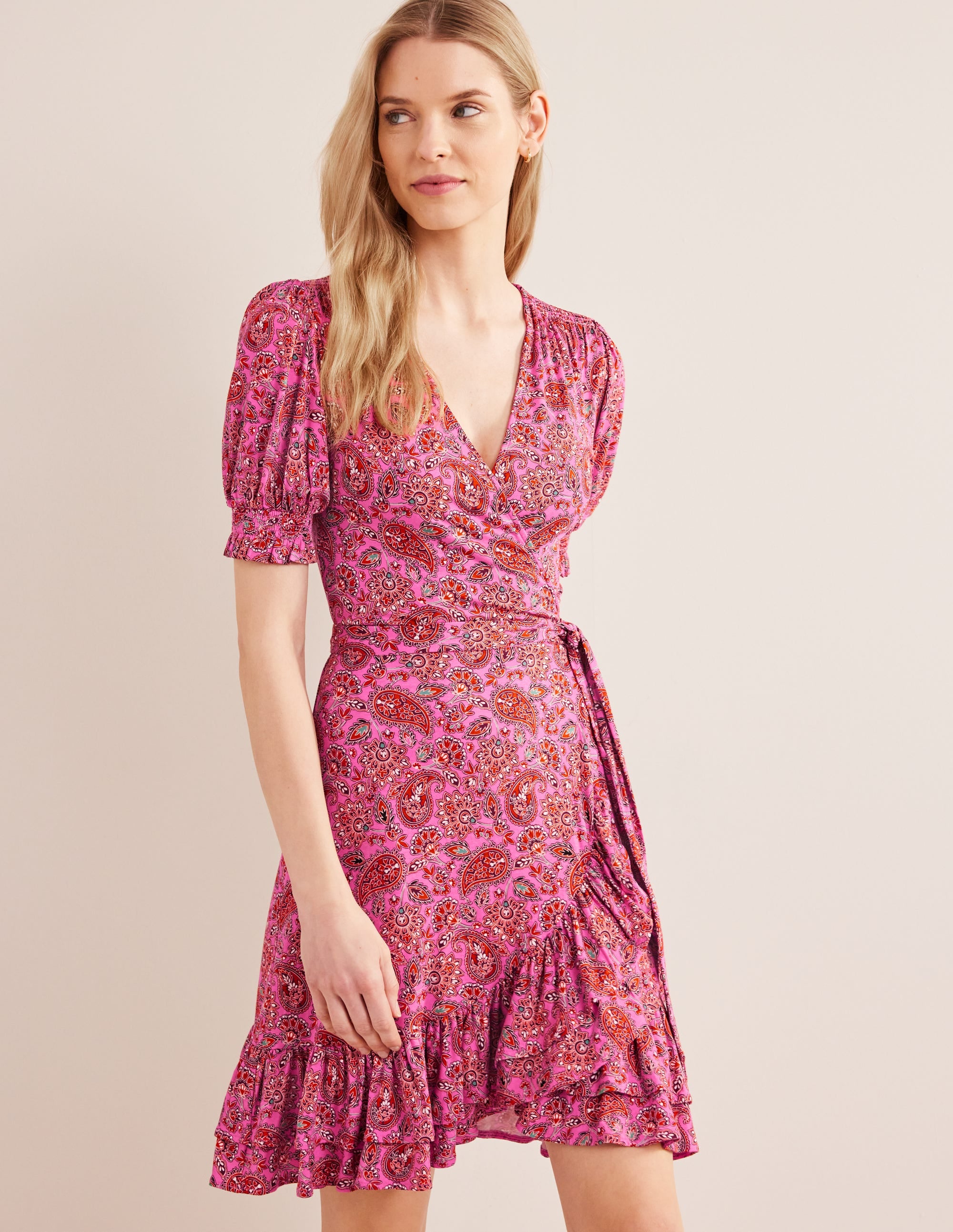 Ruffle Wrap Jersey Mini Dress-Carmine Rose, Paisley Terrace - Image 4