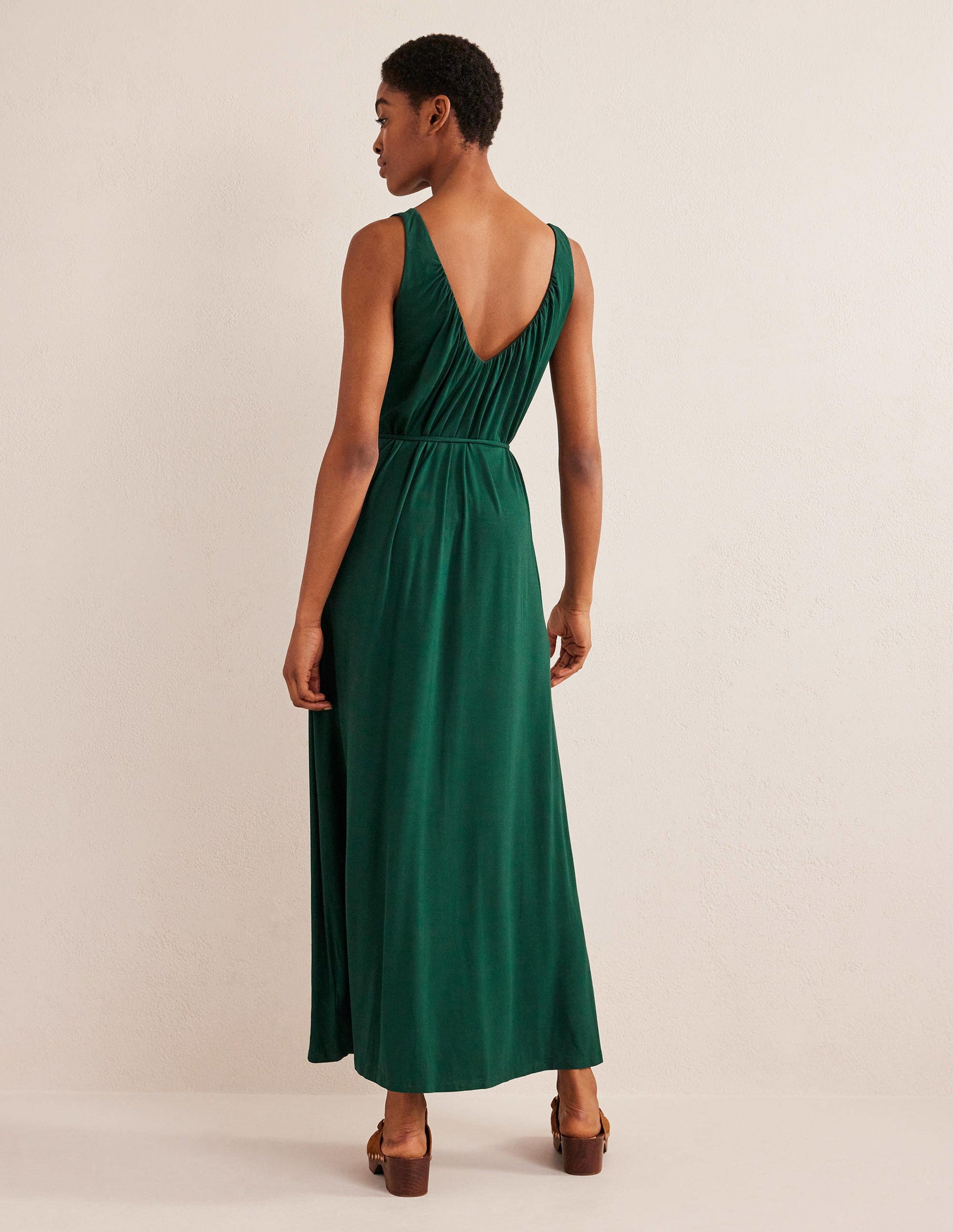 Robe longue col V en jersey-Émeraude nocturne-3
