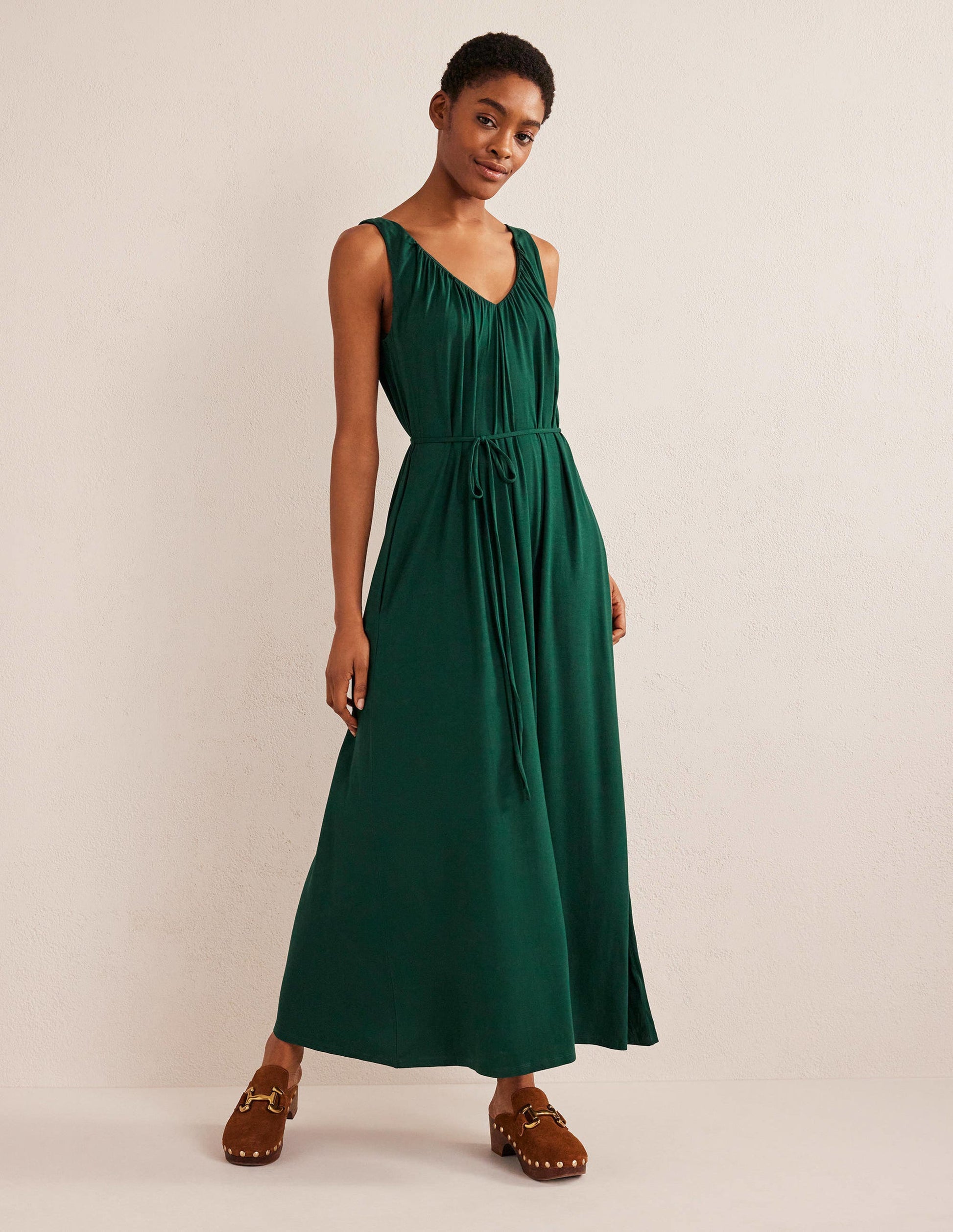 Robe longue col V en jersey-Émeraude nocturne-4