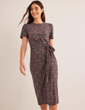 Knot Front Jersey Midi Dress-Black, Block Paisley