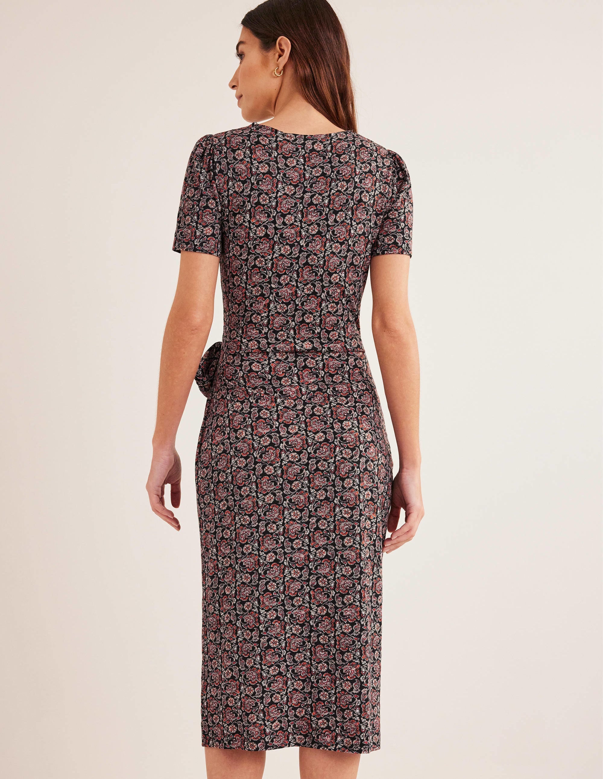 Knot Front Jersey Midi Dress-Black, Block Paisley - Image 3
