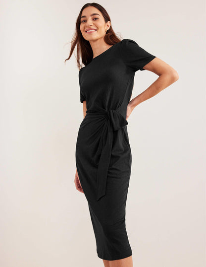 Jersey-Midikleid mit Knotendetail-Schwarz