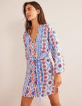 Mini-Kaftan mit Taillengürtel und V-Ausschnitt-Frühlingswiese, Üppige Streifen