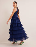 Gestuftes Tüll-Maxikleid-Marineblau